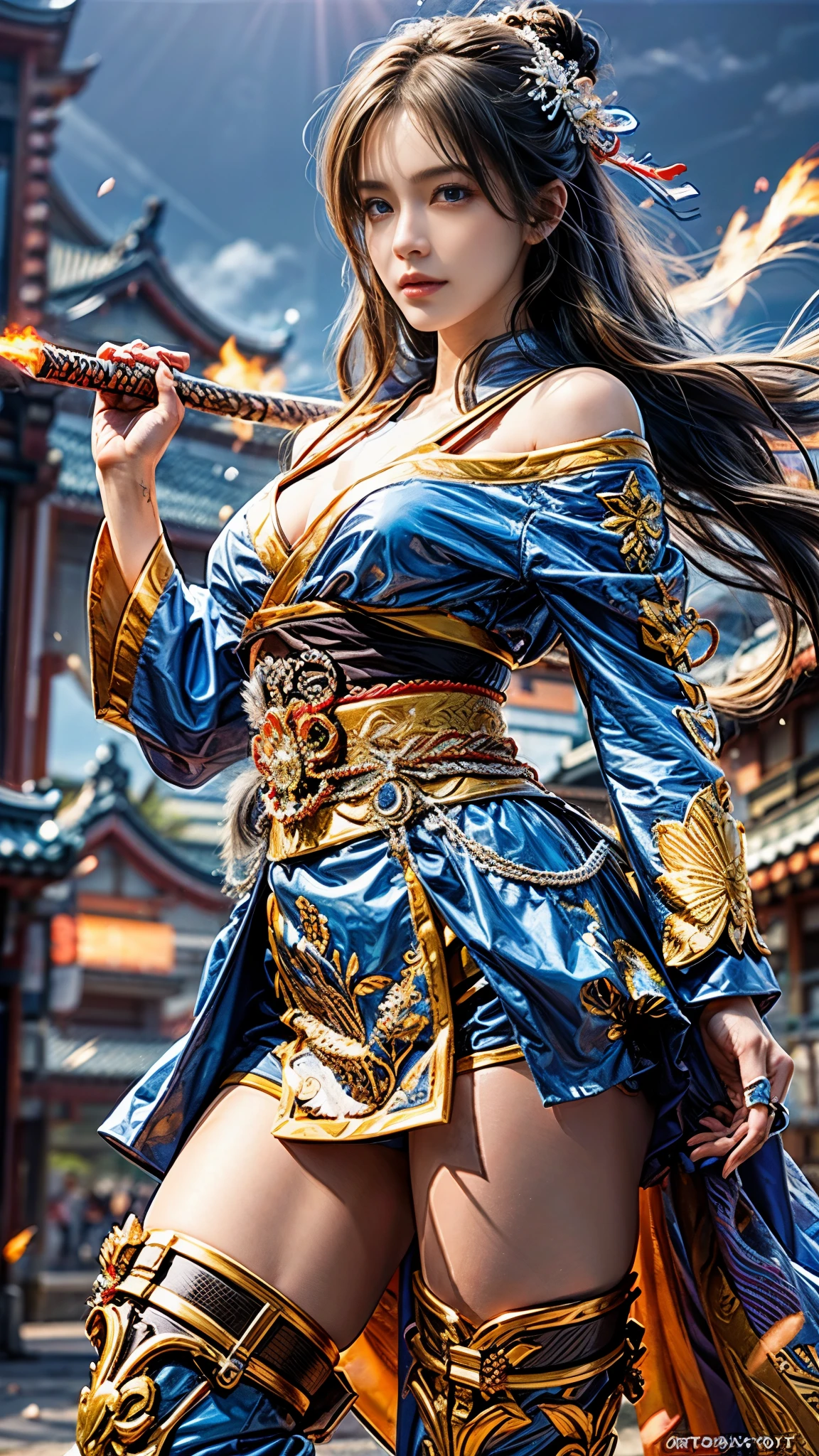 (RAW shooting, Photoreal:1.5, 8k, highest quality, masterpiece, ultra high resolution), Sengoku, Against the backdrop of Japanese architecture, Fires of war burning everywhere, perfect dynamic composition:1.2, realistic:1.3, Highly detailed skin and facial textures:1.3, Slim female samurai holding a Japanese sword in a high position:1.2, Fight:1.2, beautiful and aesthetic:1.2, cute and sexy beauty, perfect style, wear elaborate rings, water, Wind, thunder, ice, Fair skin, very beautiful face, (Medium chest, Chest gap), (embarrassing smile, The expression on your face when you feel intense caress, Facial expression when feeling pleasure), (Wearing a sexy Sengoku uniform:1.1, off shoulder), (beautiful blue eyes, Eyes that feel beautiful eros:0.8), (Too erotic:0.9, Bewitching:0.9), full body shot