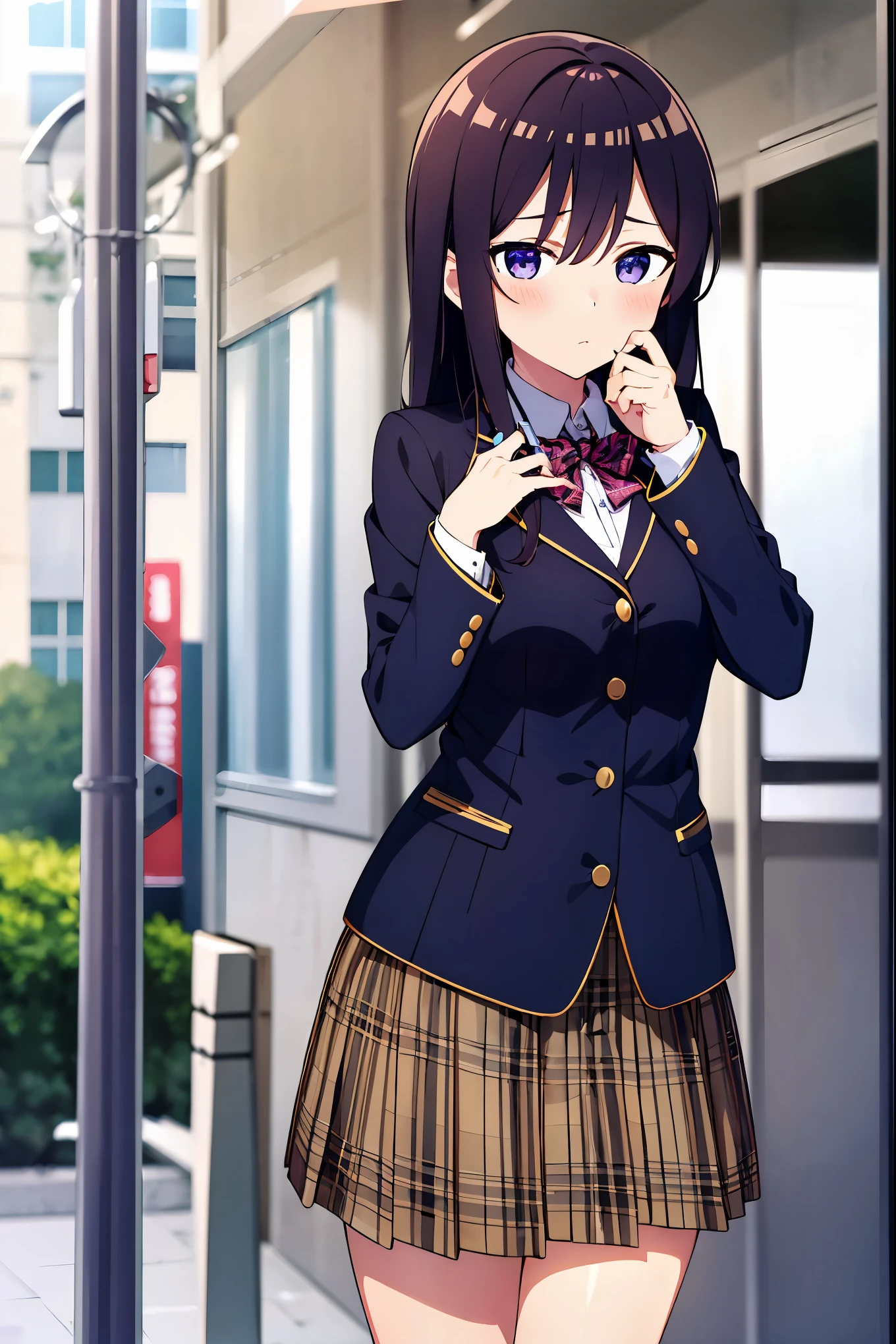 1girl, solo, clean anime, ((dropping eyes)), school uniform, long sleeves, plaid skirt, polka_dot jacket, mad expression, masterpiece, best quality, highres, street background