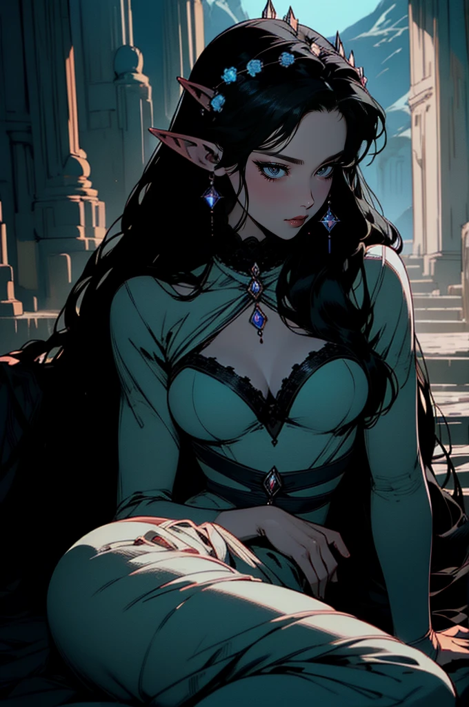 { - anatomy error}(Masterpiece - Ultra-detailed, very high resolution) moonlight, hyper-realistic of a mysterious woman with flowing black hair, ears of elf, piercing opal eyes, and a delicate lace crown, delicate smile, whole body, sitting on the ground
