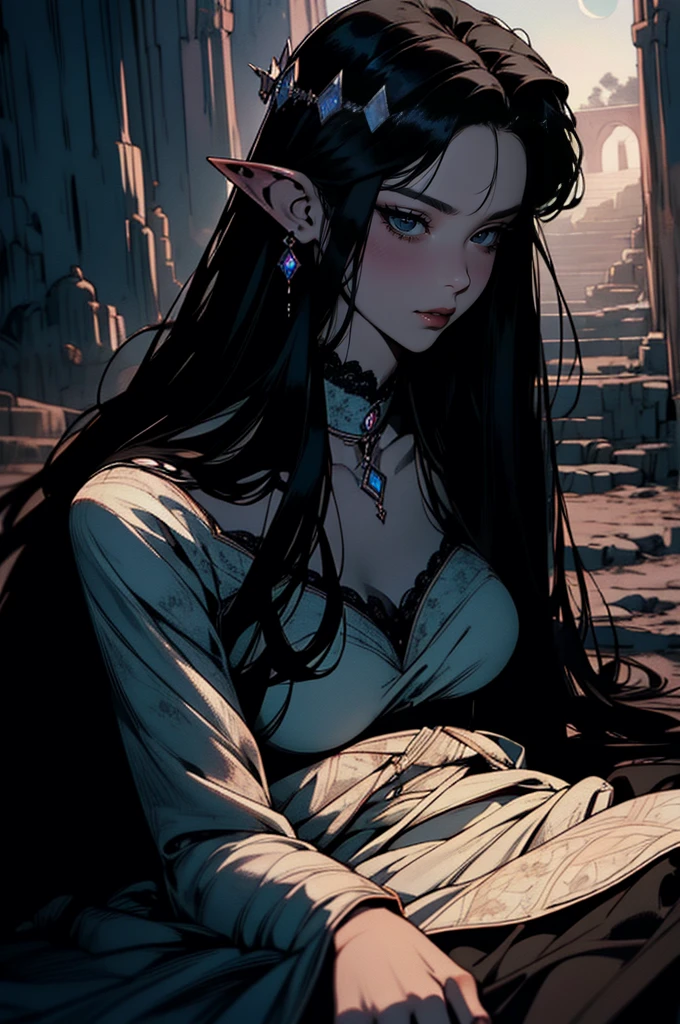 { -  error}(Masterpiece - Ultra-detailed, very high resolution) moonlight, hyper-realistic of a mysterious woman with flowing black hair, ears of elf, piercing opal eyes, and a delicate lace crown, delicate smile, whole body