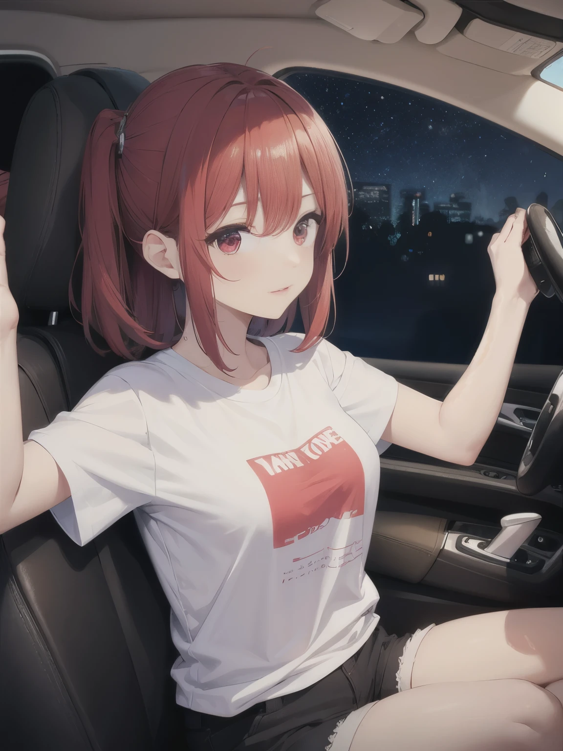 1 girl, drive the car,Hands holding the car steering wheel,at night,red hair,medium hair, red eyes, white t-shirt, black shorts, ultra detail, ultra HD