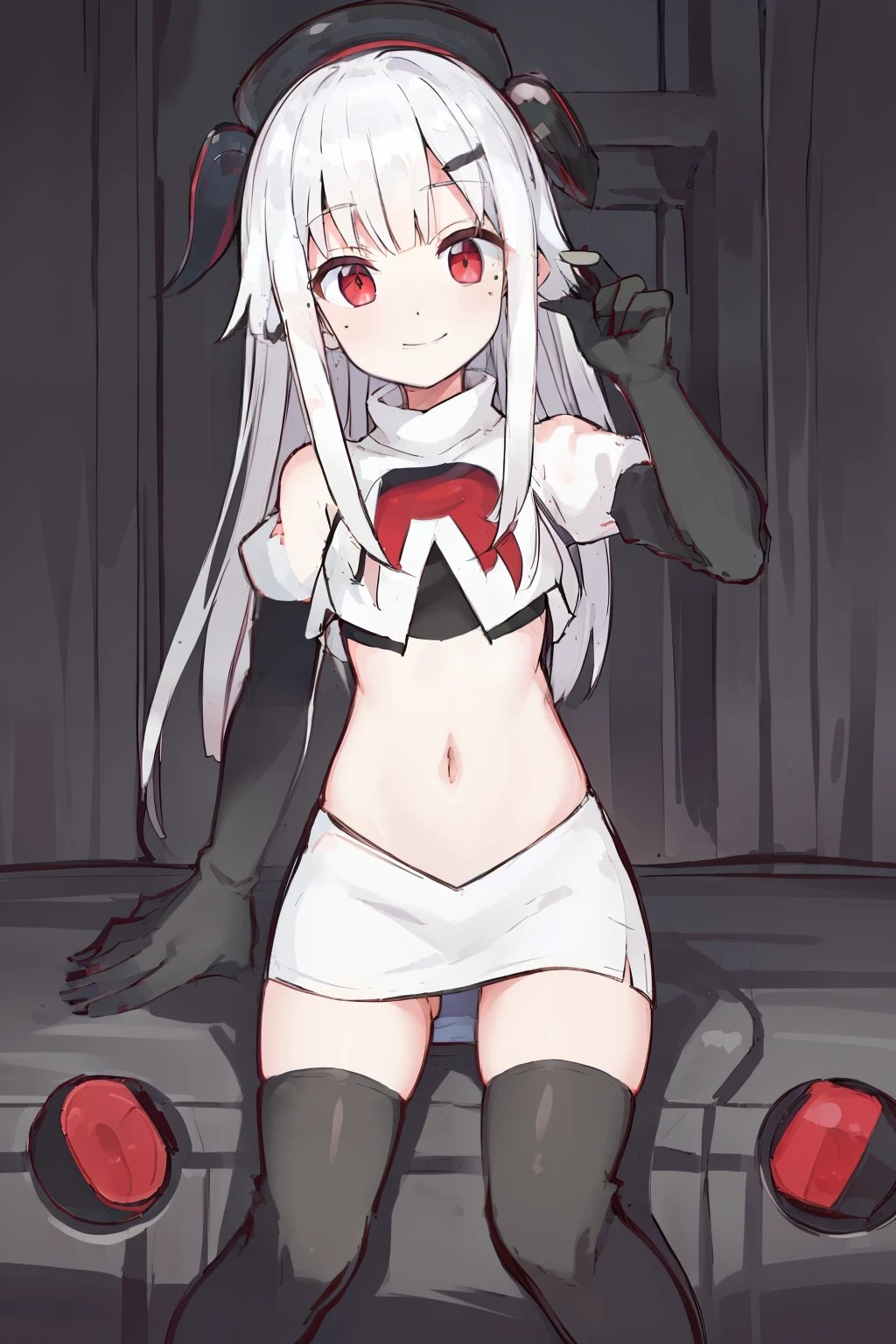 komori,masterpiece,best quality,white hair, red eyes,(black formal hat),(hairclip),(small mole under mouth),smile,highres,4k,team rocket,team rocket uniform,white skirt,red letter R,crop top,black thigh-highs,black elbow gloves