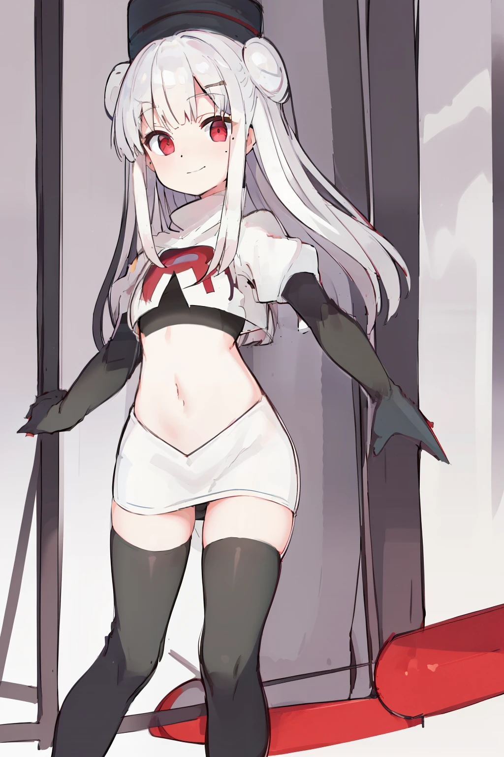 komori,masterpiece,best quality,white hair, red eyes,(black formal hat),(hairclip),(small mole under mouth),smile,highres,4k,team rocket,team rocket uniform,white skirt,red letter R,crop top,black thigh-highs,black elbow gloves