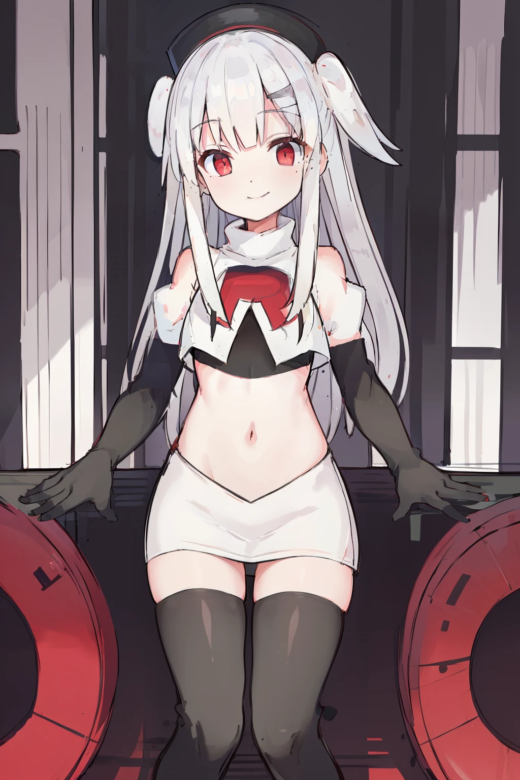 komori,masterpiece,best quality,white hair, red eyes,(black formal hat),(hairclip),(small mole under mouth),smile,highres,4k,team rocket,team rocket uniform,white skirt,red letter R,crop top,black thigh-highs,black elbow gloves