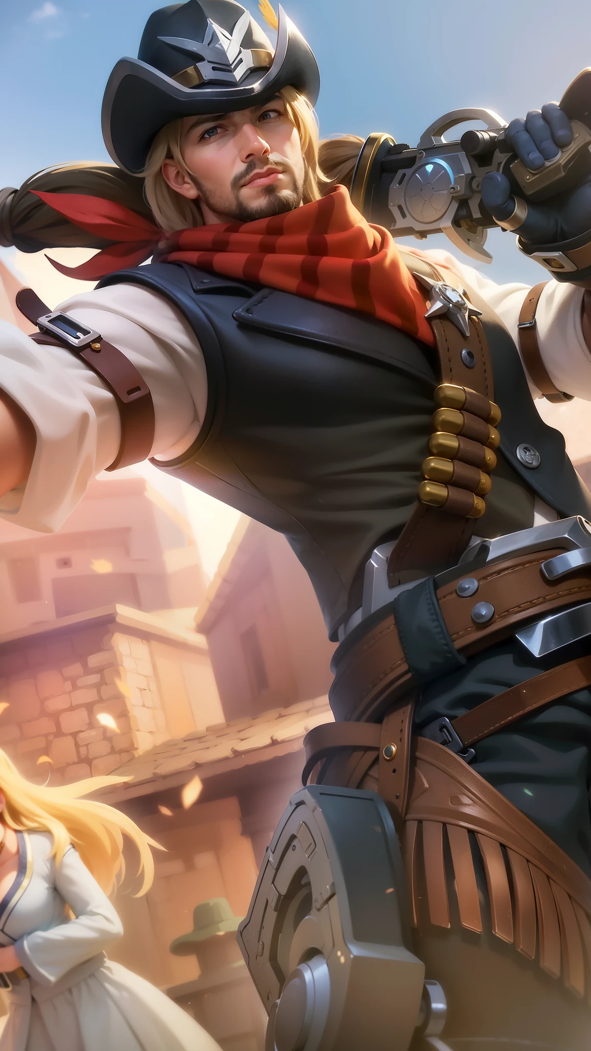 masculine male, masterpiece, ((perfect eyes)) best quality, (semirealism:1.9), beautiful lighting, (extremely detailed CG unity 4k fhd wallpaper), High Detail, Sharp focus, dramatic outdoors, there is a man with a gun and a woman with a gun, ashe, jesse mccree, mobile wallpaper, phone background, phone wallpaper, riot background, official splash art, zenra taliyah, more details, background image, brigitte, taliyah, splash art, background artwork, range murata and artgerm, mccree from overwatch.