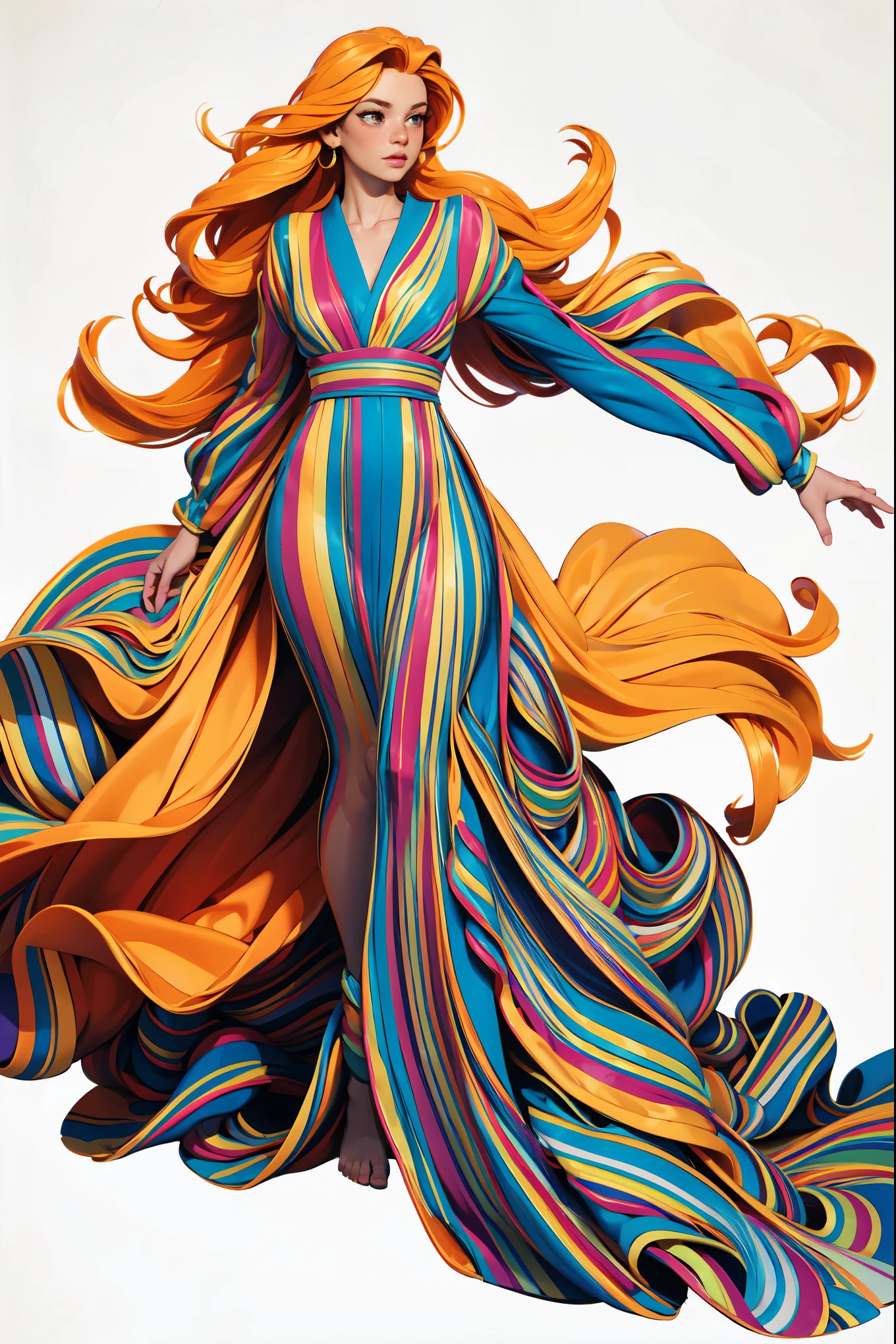 (best quality,4k,8k,highres,masterpiece:1.2),vivid colors,rainbow,colored robe,full body,striped dress,freckles,long hair,golden hair,white background