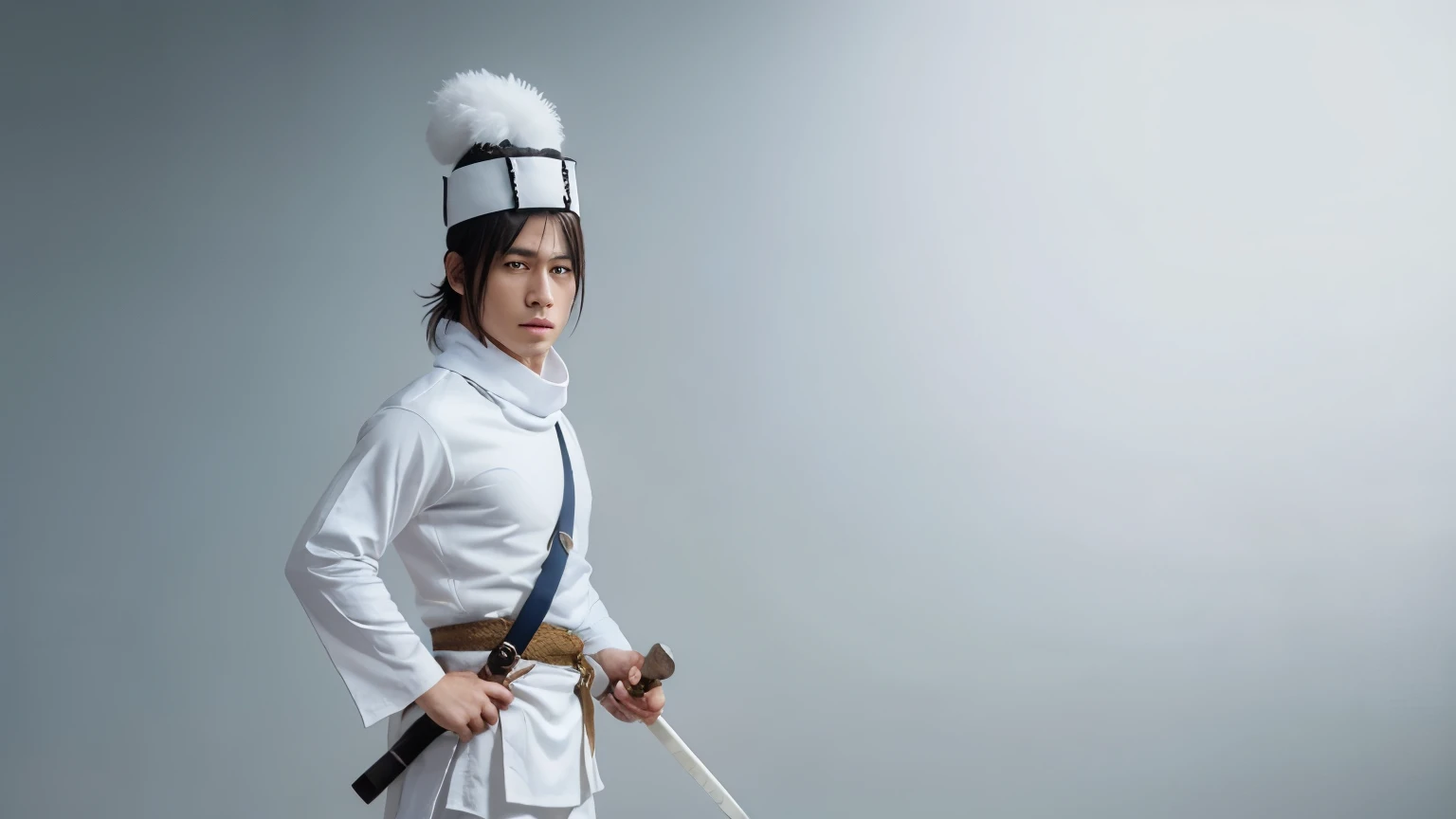 I want a character who has a white samurai hat with a tiny horn, he is very white, his eyes are blue, he wears a scarf over his mouth, he has a white shirt with white sleeves, white pants, white shoes, he also uses a white sword 