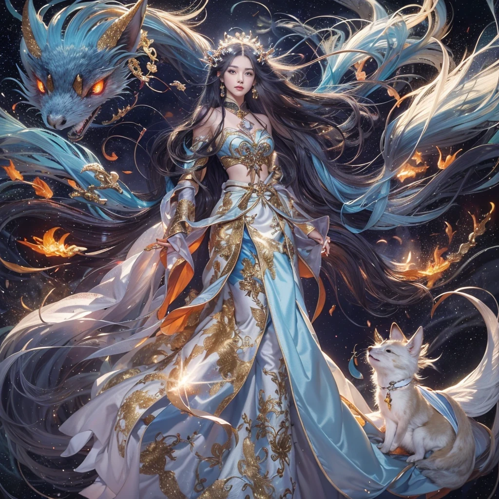 Feitian Nine Tails Light Blue Celestial Master Flame Hairy Fox Star,novel,Torch Night Black Gold Orange Snake Print Silk Trousers,Rouge Diamond Tulle Sheer Lizard Print,Fat girl flying in space in the snow 1:900 miniatures,Front view,pure transparency,put on boxing gloves,Wear gold-framed reflective sunglasses,Panoramic super wide angle,very happy,Authentic and delicate texture,Strong visual impact,Super detailed,dream girl,delicate face型,beautiful eyes,Hair floating in the air, Cherry style,Zhou Xiaotong,crystal clear,Good sense of perspective,Light and shadow effects,16K smooth,surface reflected light,flowing black hair,Water Goddess 32K,complicated,grace,Very detailed,magnificent,digital photography,Autumn Cowboy Shooting,Surrealism,broken ruby,defeat magic,Water magic entanglement,(masterpiece,movie lighting,beautiful eyes:1.2),high dynamic range,void 5 energy storm,(china 1 girl,black eyes:1.5),rouge skin,glowing skin,(sit on stone:1.5),delicate face,black hair,Put on gorgeous golden armor,take off shoulders,,short skirt,beautiful golden armor,it'It's raining,beautiful big breasts,looking at the audience,Turn your back to the camera,masterpiece,side,side portrait close-up