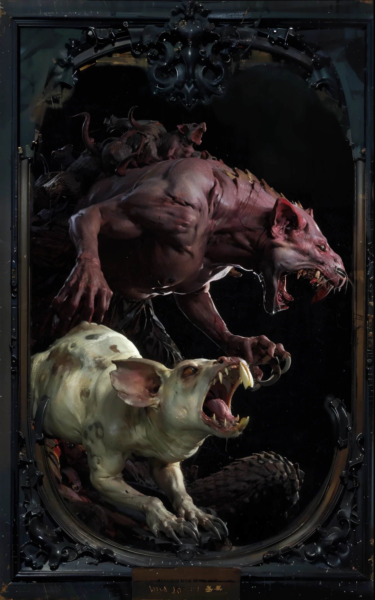 best quality，masterpiece，（painting：1.5），picture frame中巨大的老鼠，mutated rat monster，There are obvious pustules on the body，rotten skin，Drainage of pus，bloody，Disgusting scary big rat，mutated giant rat，The wounds and pustules on its body are clearly visible，It&#39;s like a mobile disease bomb。，picture frame（Amy Sole：0.248），（Stanley Ategg Liu：0.106），（a detailed painting：0.353），（文艺复兴古典painting风格：0.8）
