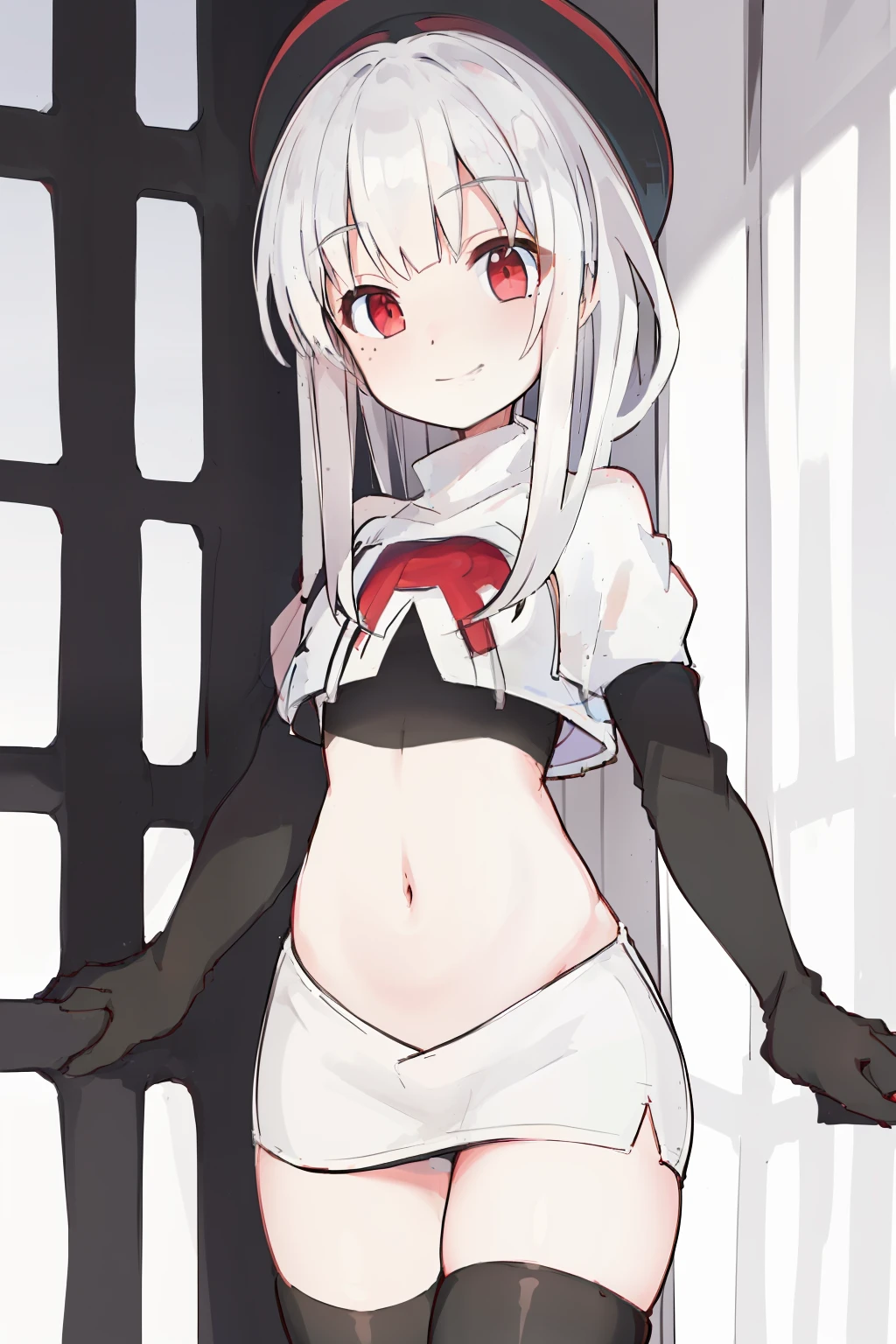 komori,masterpiece,best quality,white hair, red eyes,(black formal hat),(hairclip),(small mole under mouth),smile,highres,4k,team rocket,team rocket uniform,white skirt,red letter R,crop top,black thigh-highs,black elbow gloves