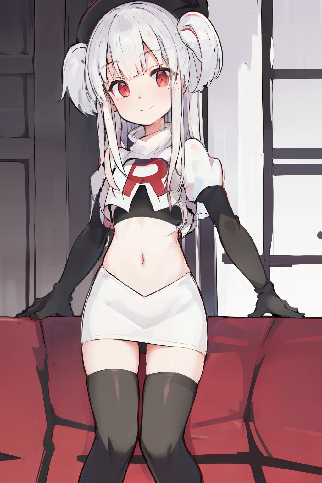 komori,masterpiece,best quality,white hair, red eyes,(black formal hat),(hairclip),(small mole under mouth),smile,highres,4k,team rocket,team rocket uniform,white skirt,red letter R,crop top,black thigh-highs,black elbow gloves