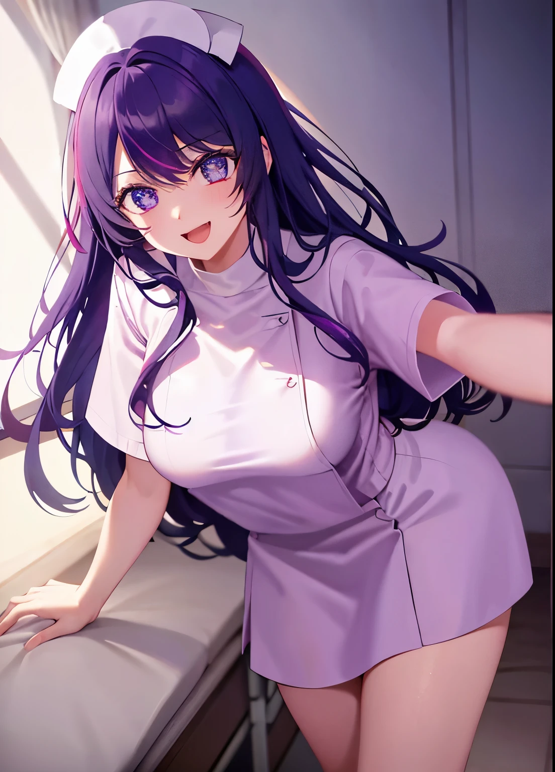 one-girl，nurses（（There is a five-pointed star in the eye））Gorgeous Hair in Long Purple，Smile，Open mouth ，nurses，hospitals，White nurse clothes，White nurse hat，looki at viewer，Blood