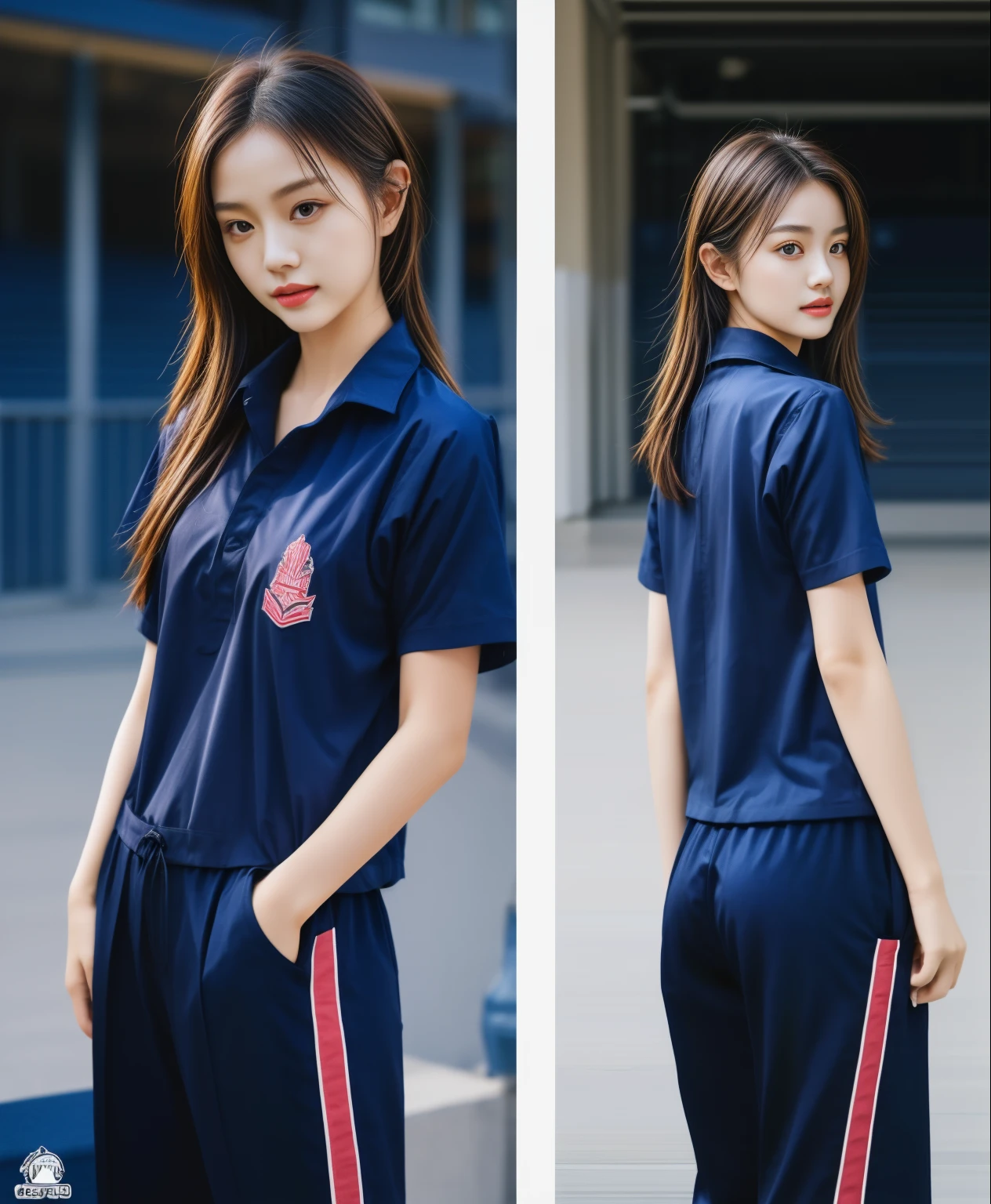 (best quality,10,10,height,Masterpiece:1.2),Special details,(realistic,ภาพrealistic,Realistic photos:1.37),1 cute girl on the football field,shiny, ผิวshiny,only,smile softly,BDclothelue shirt:1.3)),short sleeve,shirt, กางเกงขาlong.,(navy_long_track pants:1.1), ((stadium background:1.3)),Dynamic angle,excited,Face focus,dynamic poses,from behind,focus on ass,Masterpiece, best quality, ultra realistic, hyper-detail, 8K resolution, raw photos, Sharp focus, ((Navy blue shirt:1.1)), short sleeve, เส้นทางlong, perfect body, 2 mature women, 18 years old, Cinema-grade lighting system,blue sweatpants,shirtผ้าออกกำลังกาย,correct anatomy,perfect body, correct body, Sharp face, correct bodyทางกายวิภาค, full body, realistic gestures, long-haired, realistic poses,Wear long shorts................................,ช่วงขาlong,Good shape,carved girl, Slender figure, model, Good shape, beautiful body,blue sweatpants, two girls kissing