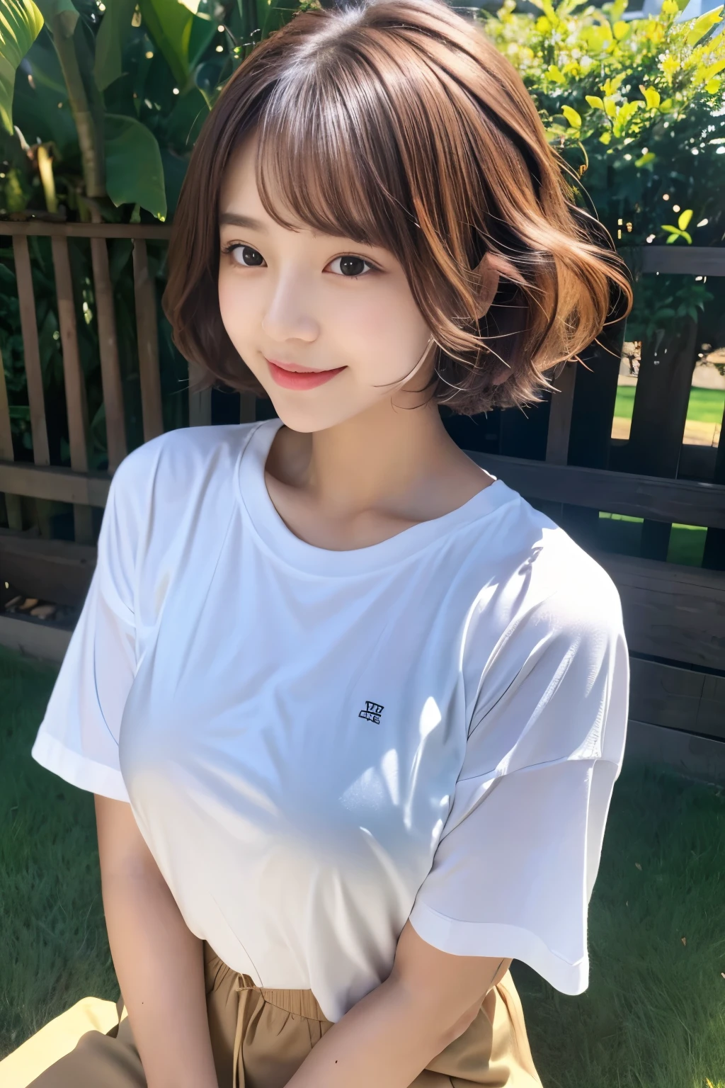 (highest quality,8K quality,masterpiece:1.3,),(超A high resolution:1.3,Photoreal:1.4,Raw photo:1.2),(super detailed:1.2,shiny skin,fine skin:1.1),(detailed face,perfect anatomy,caustics:1.2),on the lawn,sleep on your back,overhead view,,1 girl,cute,Japanese,22 years old,japanese id,Natural brown hair,curl short hair outwards,cute目,natural makeup,oversized t-shirt,laughter,looking at camera,On the face,face focus,professional lighting,natural soft light,