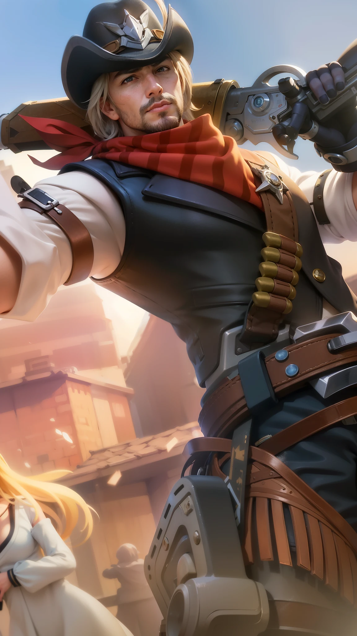 masculine male, masterpiece, ((perfect eyes)) best quality, (semirealism:1.9), beautiful lighting, (extremely detailed CG unity 4k fhd wallpaper), High Detail, Sharp focus, dramatic outdoors, there is a man with a gun and a woman with a gun, ashe, jesse mccree, mobile wallpaper, phone background, phone wallpaper, riot background, official splash art, zenra taliyah, more details, background image, brigitte, taliyah, splash art, background artwork, range murata and artgerm, mccree from overwatch.