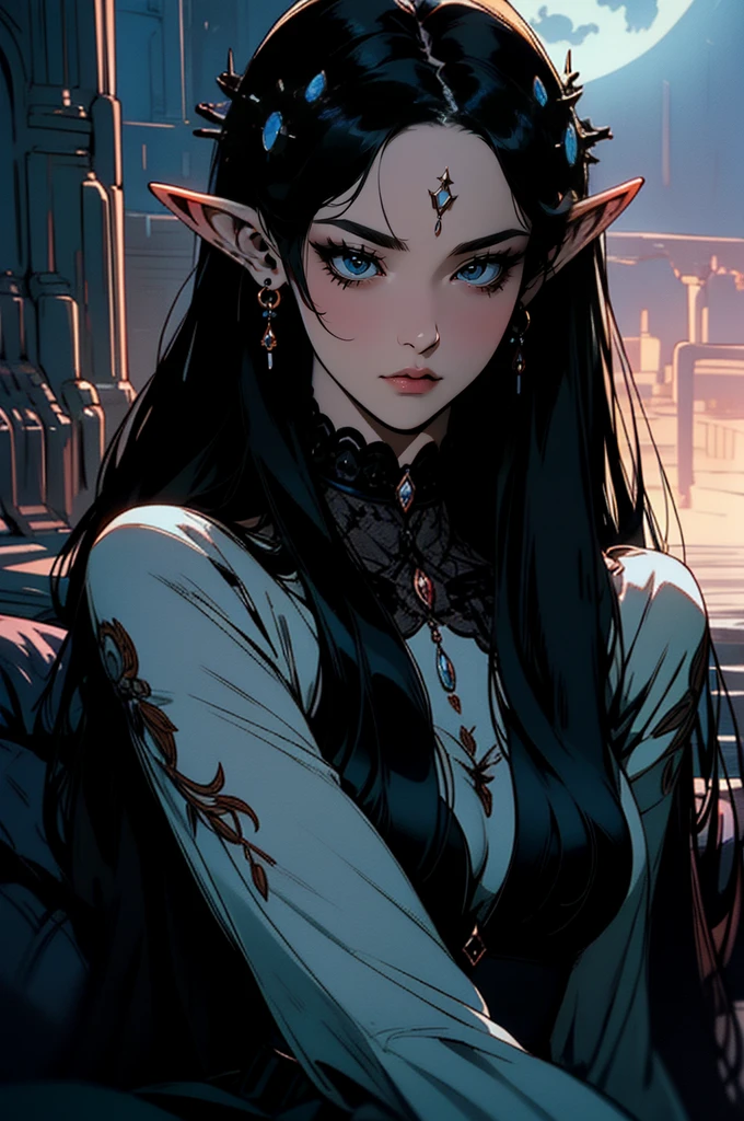 { -  error}(Masterpiece - Ultra-detailed, very high resolution) moonlight, hyper-realistic of a mysterious woman with flowing black hair, ears of elf, piercing opal eyes, and a delicate lace crown, delicate smile, whole body