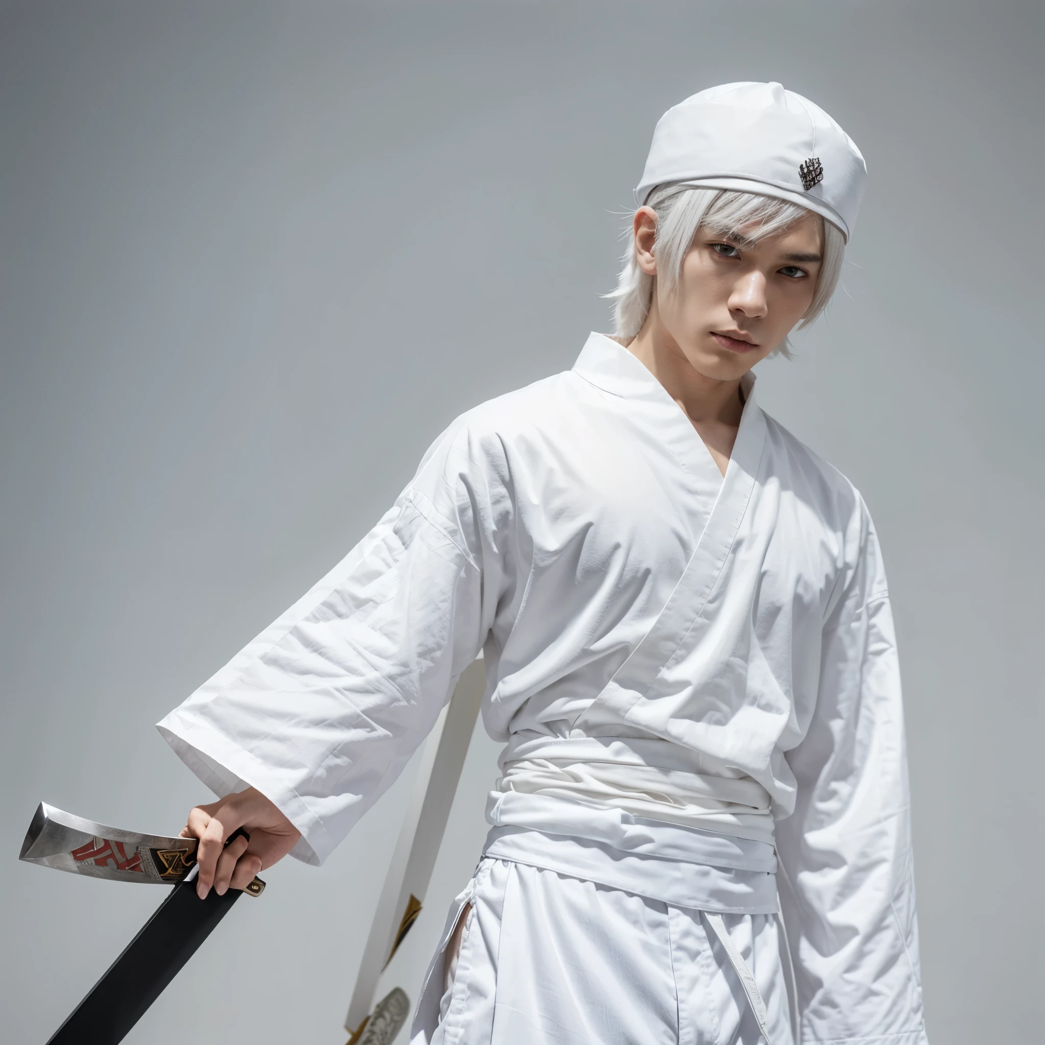 Anime I want a character with white hair he has a white samurai hat and he has two small types on the hat he is also all white very white he wears a shirt with sleeves and also pants all white he also has a sword on his back and it's white