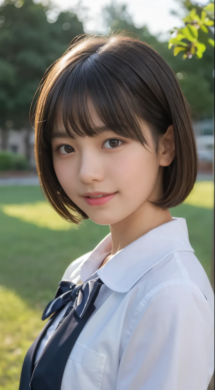 (highest quality,8K quality,masterpiece:1.3),(超A high resolution,Photoreal:1.4,Raw photo),(super detailed,caustics,detailed background),(ultra-realistic capture,Fine and beautiful skin,perfect anatomy),at dusk,sunset sky,school building,schoolyard,18-year-old,cute,single eyelid,black short bob,school blazer uniform,looking at camera,laughter,bust up shot,natural soft light