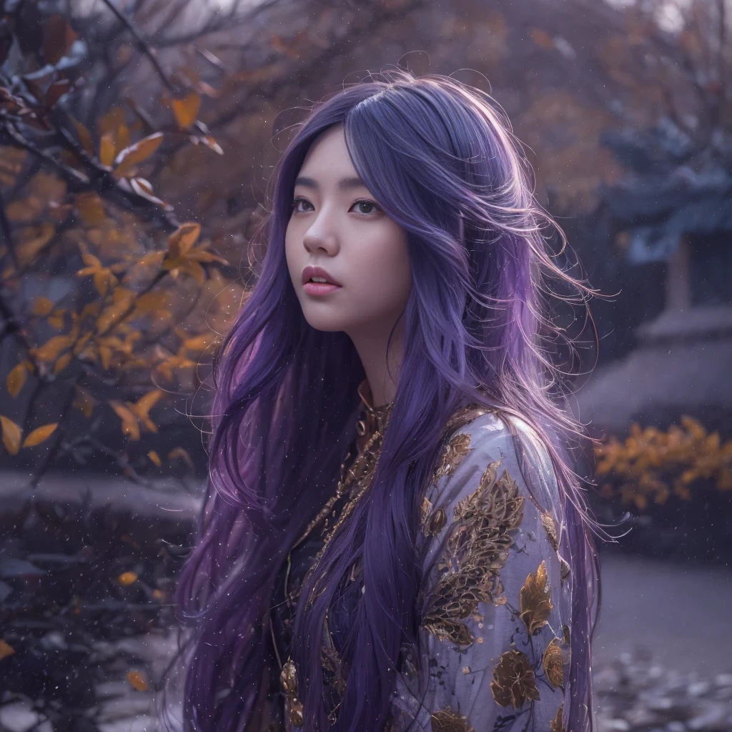 32k（masterpiece，HD，Ultra high quality，32k）Bright purple long flowing hair，autumn pond，Ziddink， a color，  Asian （Silly girl）， （silk scarf）， fighting stance， looking at the ground， long white hair， Floating bright purple， Fire cloud gold headdress， Chinese long-sleeved gold silk garment， （Abstract ink splash：1.2）， Black smoke background，Lotus protector（realistically：1.4），bright purple hair，Smoke on the road，The background is very pure， high resolution， detail， RAW photos， Sharp Re， Nikon D850 film photo by Jefferies Lee 4 Kodak Portra 400 camera F1.6 guns, colorful, Ultra-realistic and vivid textures, dramatic lighting, Unreal Engine Art Station Trend, Sinest 800，Bright purple long flowing hair