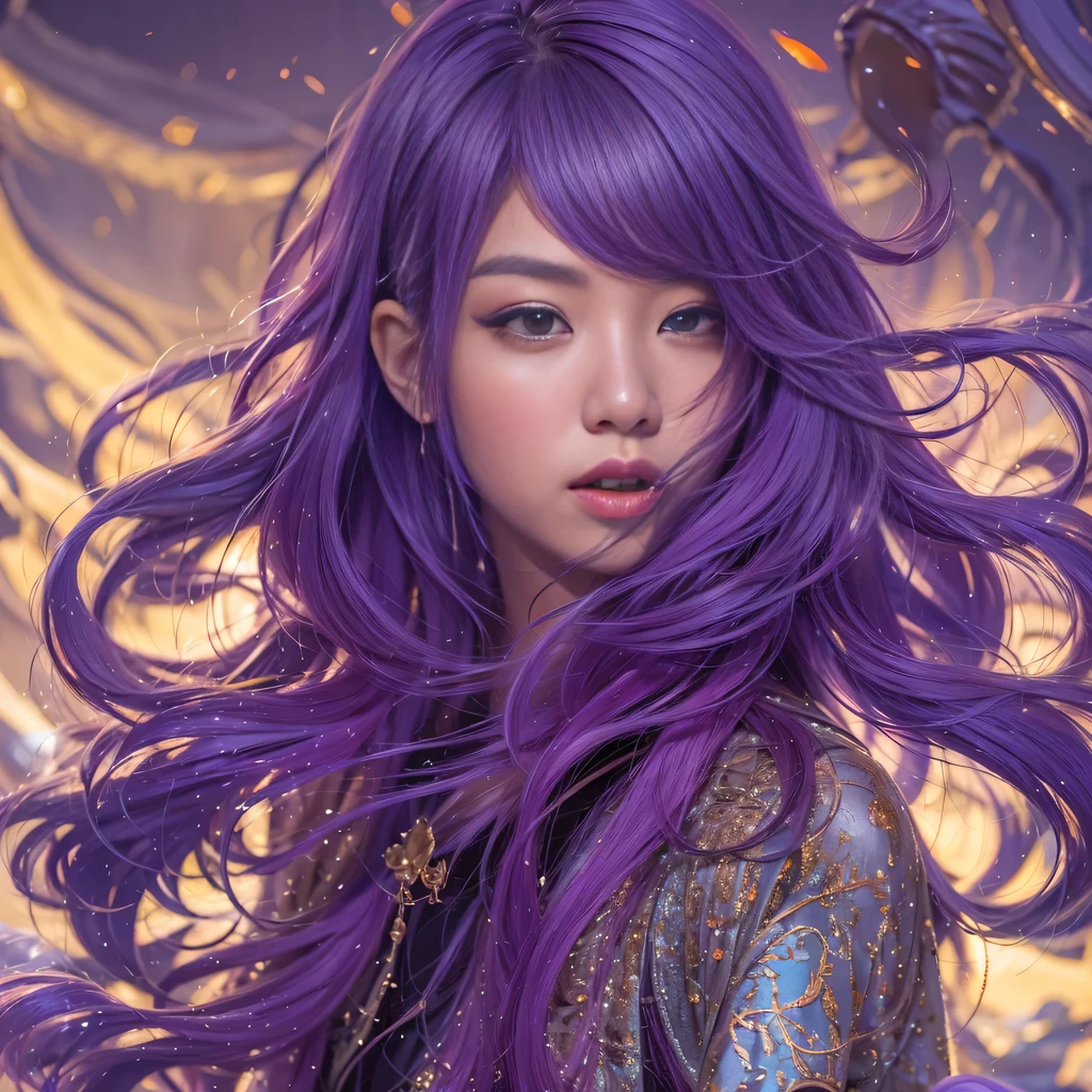32k(masterpiece,HD,Ultra high quality,32k)Bright purple long flowing hair,autumn pond,Ziddink, a color, Asian (Silly girl), (silk scarf), fighting stance, looking at the ground, long white hair, Floating bright purple, Fire cloud gold headdress, Chinese long-sleeved gold silk garment, (Abstract ink splash:1.2), Black smoke background,Lotus protector(realistically:1.4),bright purple hair,Smoke on the road,The background is very pure, high resolution, detail, RAW photos, Sharp Re, Nikon D850 film photo by Jefferies Lee 4 Kodak Portra 400 camera F1.6 guns, colorful, Ultra-realistic and vivid textures, dramatic lighting, Unreal Engine Art Station Trend, Sinest 800,Bright purple long flowing hair
