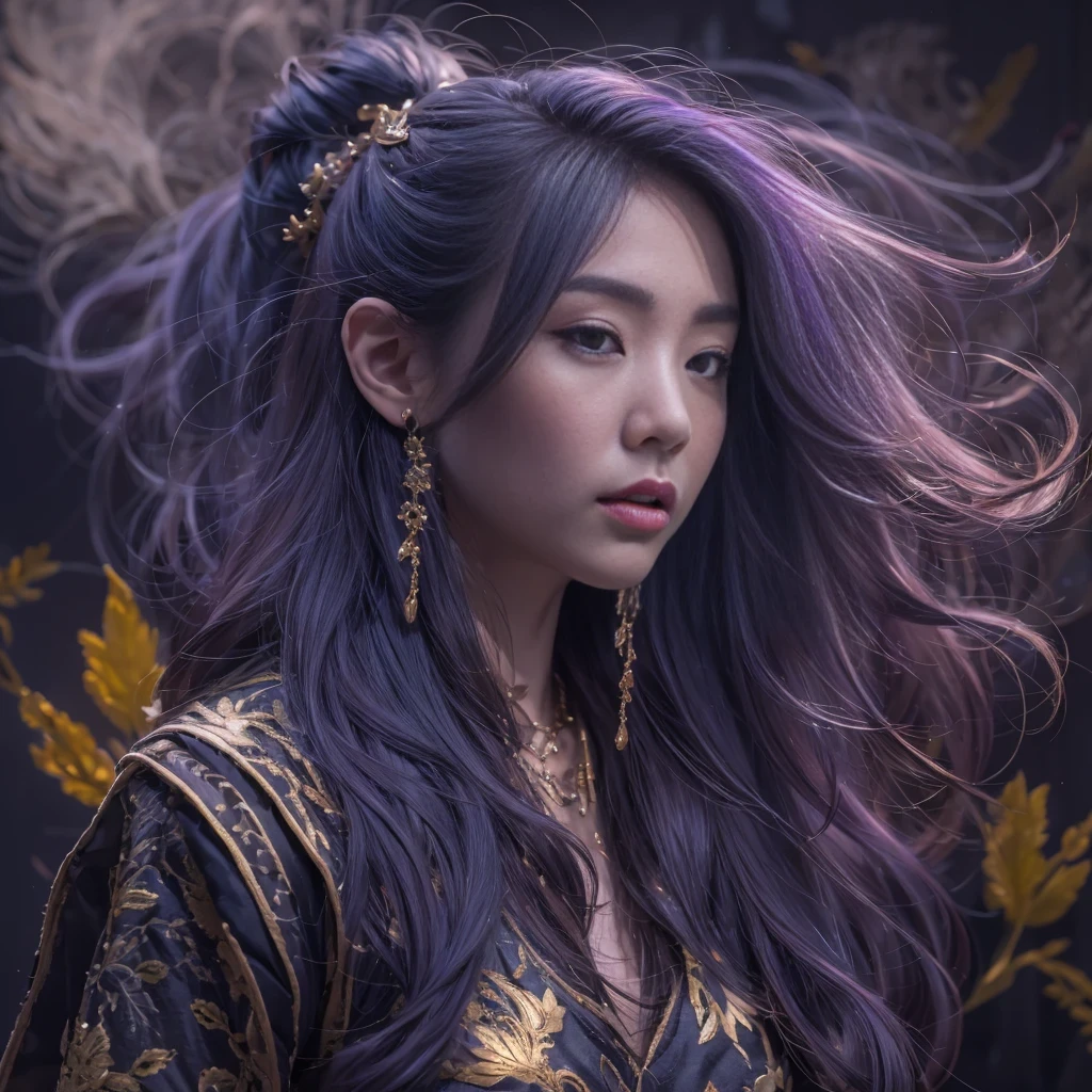 32k(masterpiece,HD,Ultra high quality,32k)Bright purple long flowing hair,autumn pond,Ziddink, a color, Asian (Silly girl), (silk scarf), fighting stance, looking at the ground, long white hair, Floating bright purple, Fire cloud gold headdress, Chinese long-sleeved gold silk garment, (Abstract ink splash:1.2), Black smoke background,Lotus protector(realistically:1.4),bright purple hair,Smoke on the road,The background is very pure, high resolution, detail, RAW photos, Sharp Re, Nikon D850 film photo by Jefferies Lee 4 Kodak Portra 400 camera F1.6 guns, colorful, Ultra-realistic and vivid textures, dramatic lighting, Unreal Engine Art Station Trend, Sinest 800,Bright purple long flowing hair