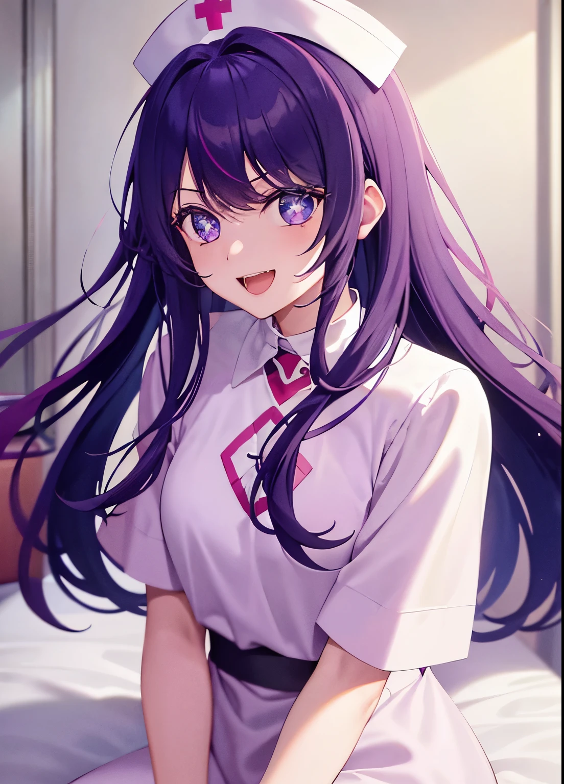 one-girl,nurses((There is a five-pointed star in the eye))Gorgeous Hair in Long Purple,Smile,Open mouth ,nurses,hospitals,White nurse clothes,White nurse hat,looki at viewer,Blood