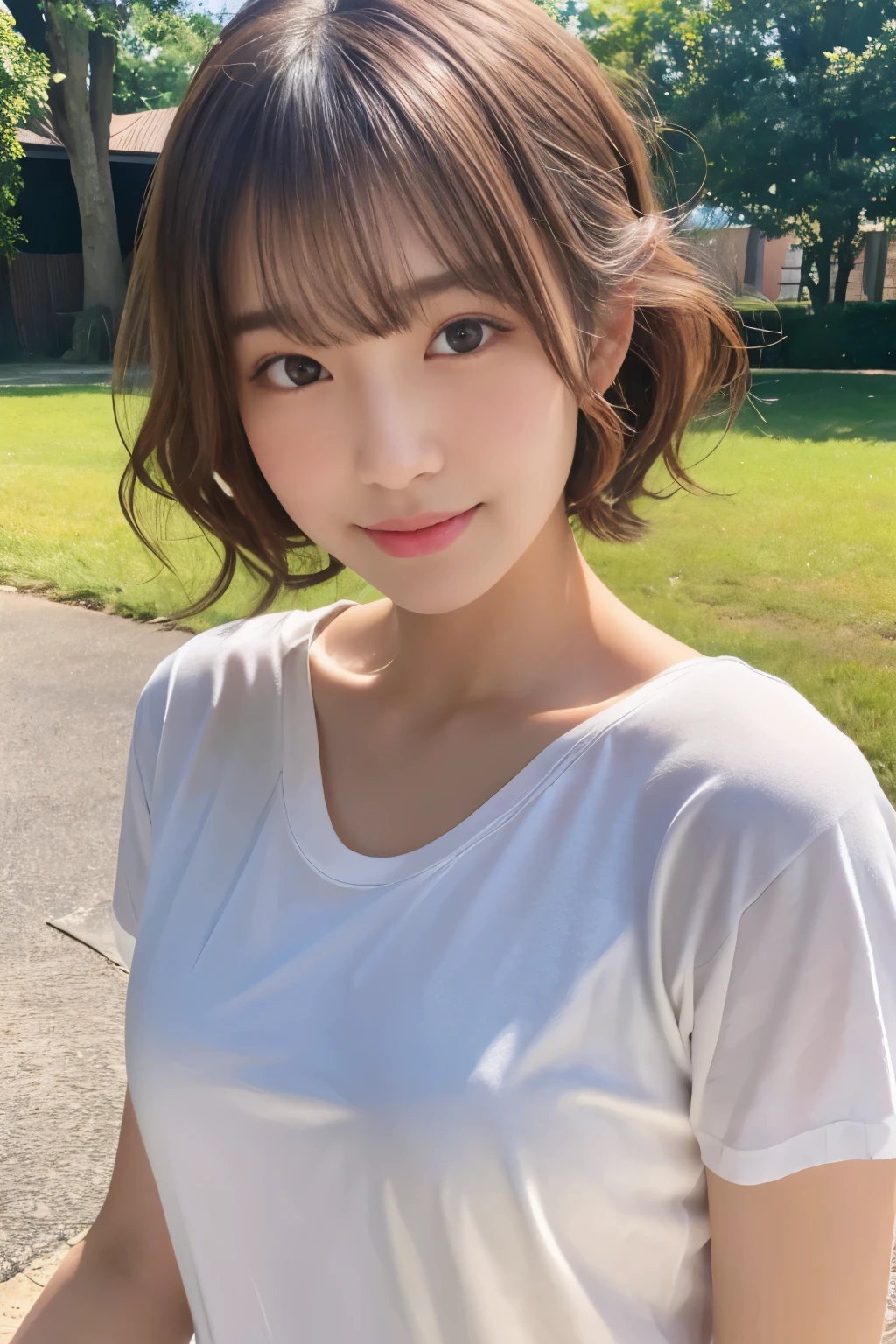 (highest quality,8K quality,masterpiece:1.3,),(超A high resolution:1.3,Photoreal:1.4,Raw photo:1.2),(super detailed:1.2,shiny skin,fine skin:1.1),(detailed face,perfect anatomy,caustics:1.2),on the lawn,sleep on your back,overhead view,,1 girl,cute,Japanese,22 years old,japanese id,Natural brown hair,curl short hair outwards,cute目,natural makeup,oversized t-shirt,laughter,looking at camera,On the face,face focus,professional lighting,natural soft light,