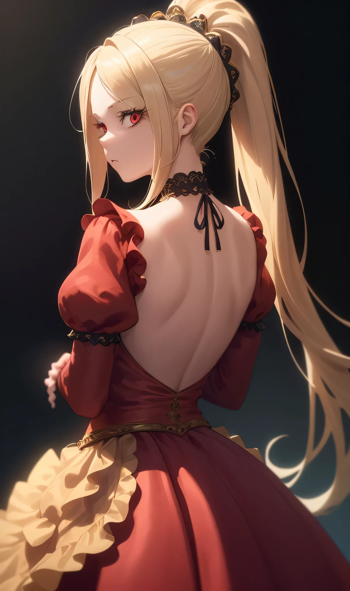 (masterpiece, best quality:1.2), extremely detailed, detailed hair, soft skin,
1girl, solo, standing, upper body, from behind,
blonde hair, long hair, high ponytail, long ponytail,
red eyes, long eyelashes, thick eyelashes, looking at viewer,
red dress, backless dress, ornate dress, puffy skirt, long skirt, puffy sleeves, juliet sleeves, long sleeves,
nude,
black background,