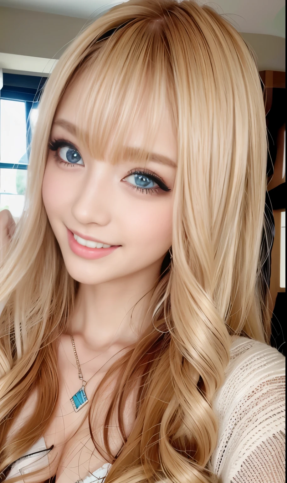 A lovely woman with long blonde hair and long eyelashes 2、long flowing hair、nice soft lighting、gal、Harajuku style、wheatish healthy skin color、after sunburn、perfect slender proportions、濃いgalメイク、Sexy pose almost naked、Extremely detailed eyes