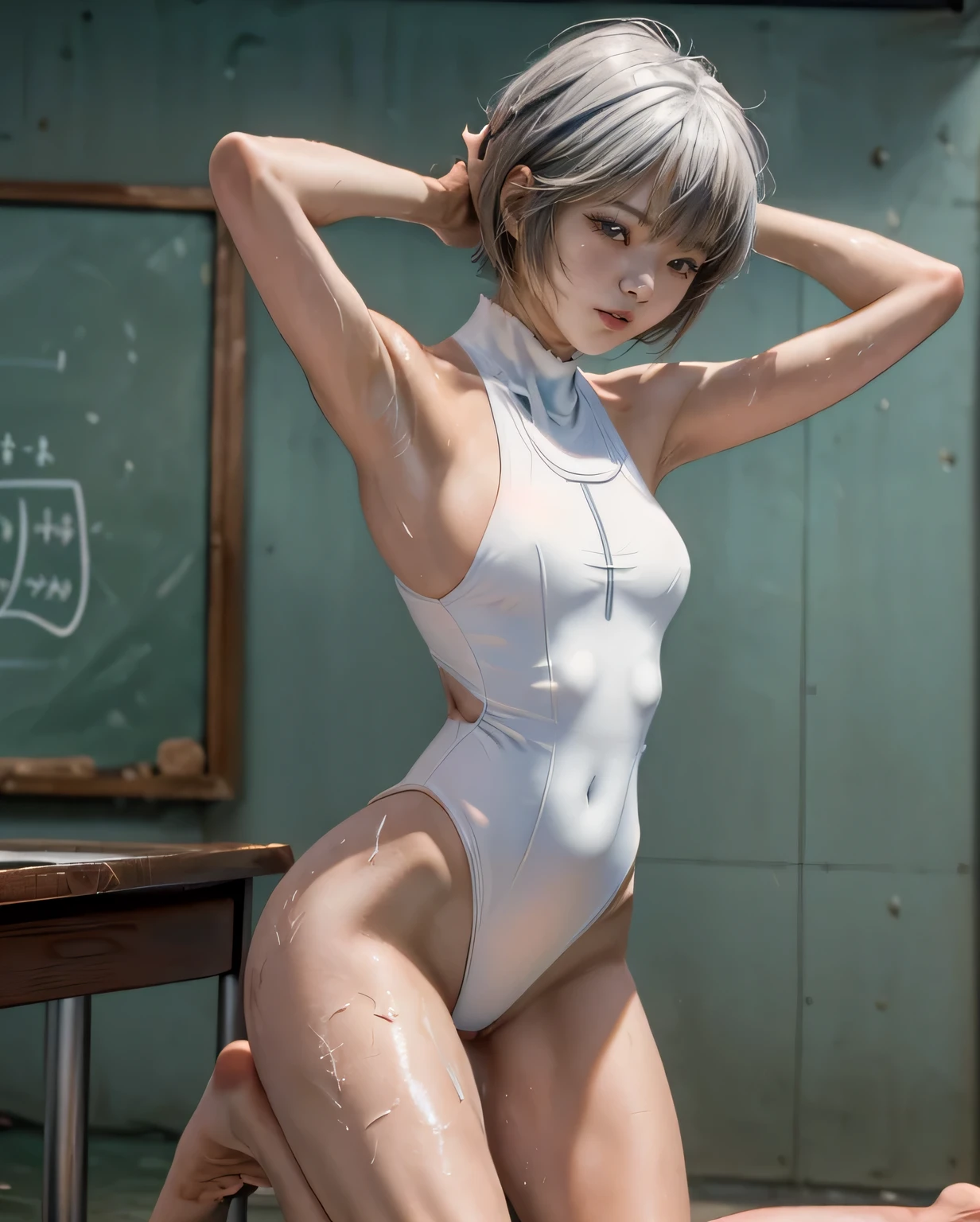 (綾波レイがCowgirlで性交する:1.9999999), ((realistic, highest quality, High resolution, real women pictures:1.6)), ((( high school girl wearing a white school swimsuit:1.7)), (white high neck school swimsuit:1.4), (slender body shape:1.9), Cowgirlで性交する, ((anatomically correct:1.2)), (She is wearing a white school swimsuit whose fabric is too thin..:1.2), (膣に陰茎を挿入してCowgirlポーズ:1.6), curved body, 大きく股を開いてCowgirl, A high neck swimsuit that gets too wet and sticks to your skin, (Light white one-piece swimsuit:1.4), Detailed depiction of the vagina, beautiful thighs, penis thrusts up vagina, nose too small, thin waist, 16 year oldgirl has sex with her clothes on, saddle, Cowgirl, tears, Girl Straddling Man, (normal limb:1.3), Too cute small face, sensitive nipples, The whole body is wet with sweat, (put your hands behind your head:1.5), Nostrils are not visible, realistic, lips slightly open, (anatomically correct:1.2), A man inserts his penis into a girl and shakes his hips, Ayanami Rei, (On campus:1.4), short-haired with bangs, 女が男とCowgirl性交する, small nipples