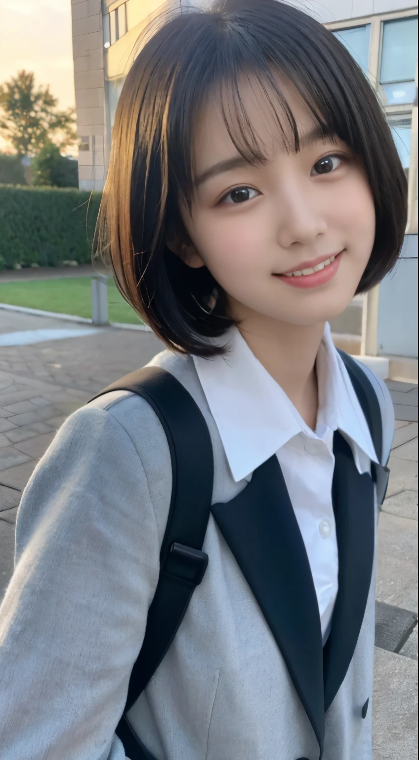 (highest quality,8K quality,masterpiece:1.3),(超A high resolution,Photoreal:1.4,Raw photo),(super detailed,caustics,detailed background),(ultra-realistic capture,Fine and beautiful skin,perfect anatomy),at dusk,sunset sky,school building,schoolyard,18-year-old,cute,single eyelid,black short bob,school blazer uniform,looking at camera,laughter,bust up shot,natural soft light