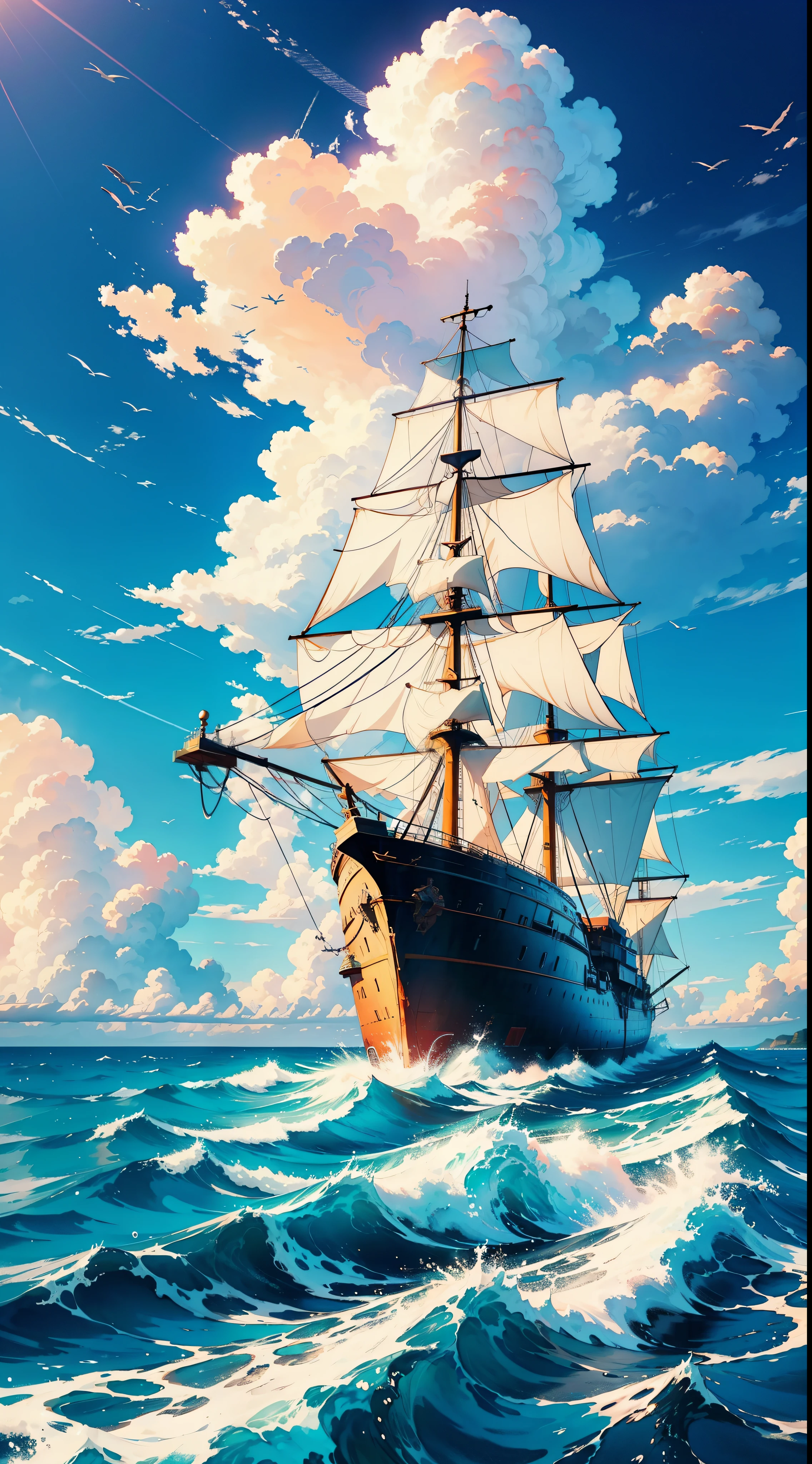 a ship alone in the ocean, happynes, gorgeous sky, masterpiece, best quality, wallpaper, gorgeous, beautiful clouds, happy, ocean, cozy, colorful, amazing, artistic, expressive, emotions