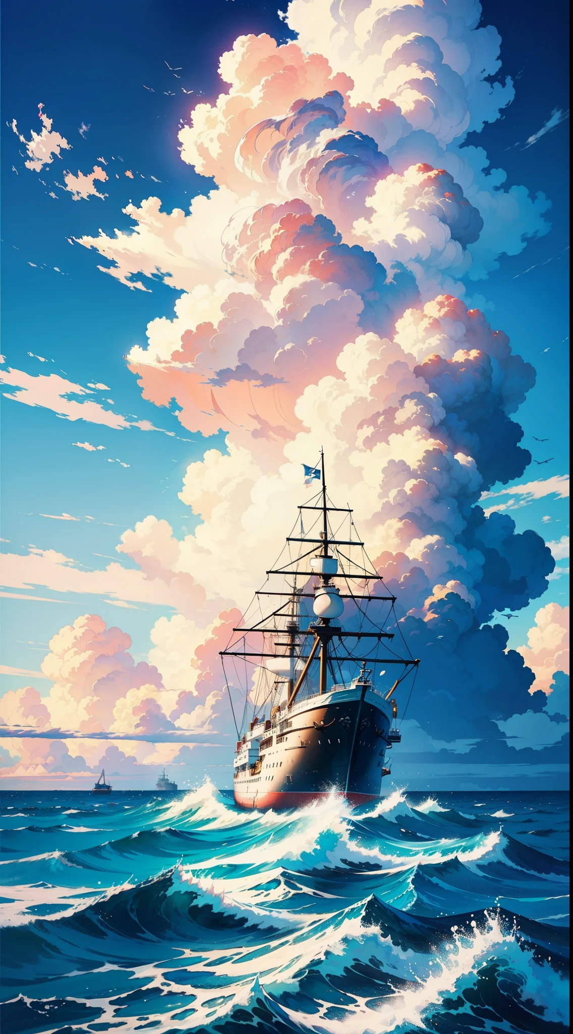 a ship alone in the ocean, happynes, gorgeous sky, masterpiece, best quality, wallpaper, gorgeous, beautiful clouds, happy, ocean, cozy, colorful, amazing, artistic, expressive, emotions