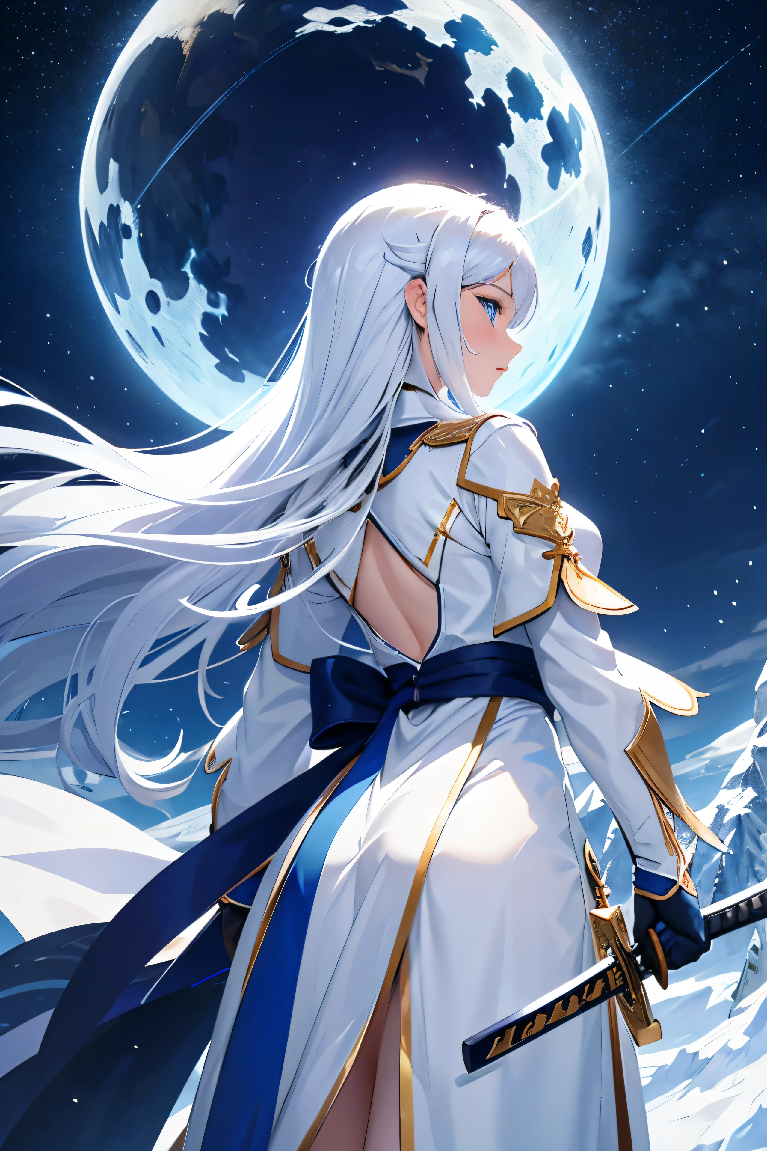 1 girl, long hair, white armor, an angel, The Dragon, Blue eyes, blue tattoo, snow-white hair, katana, Beautiful night sky, back view, girl looks at the sky