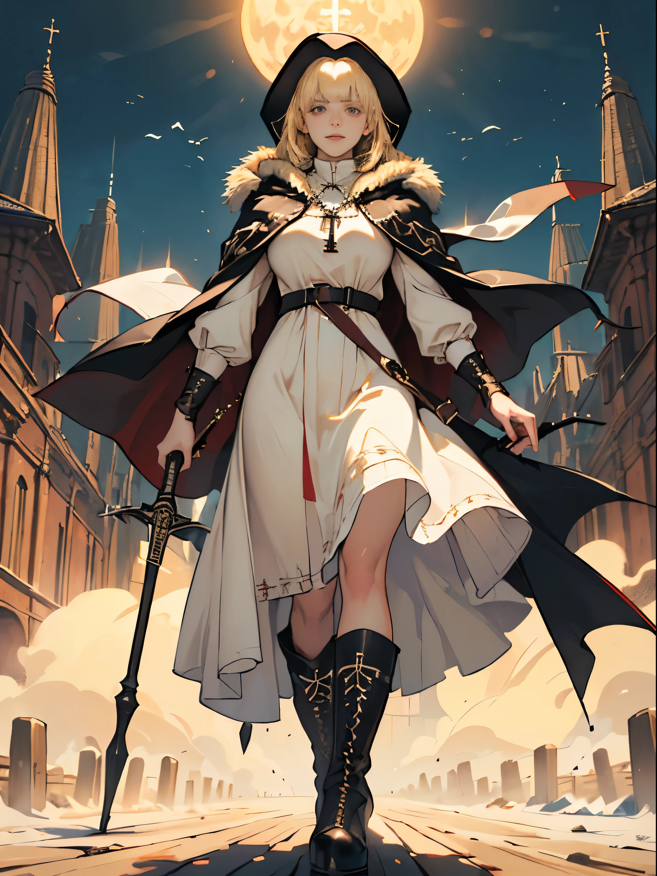 masterpiece, super detailed, 8K portrait, RAW photo, portrait photography, highly detailed face, beautiful and detailed eyes, ((fantasy)), young and beautiful, dynamic pose, kind face, smile, (((long bob blonde hair, bangs))), ((priest)), white skin color, simple and simple girl, Wooden Necklace, Clergy's hat, (((long cloak))) fluttering in the wind, (((dark dull red oversized priest tunic))), (((long skirt)), (((Low boots))), ((holding a long wooden cane)), Large shoulder bag, midday sun, surreal, body model, big breasts, beautiful breasts, long legs, in the crowd, environmental lighting, shadow details , Focus the camera on the thigh, strong wind, light fog