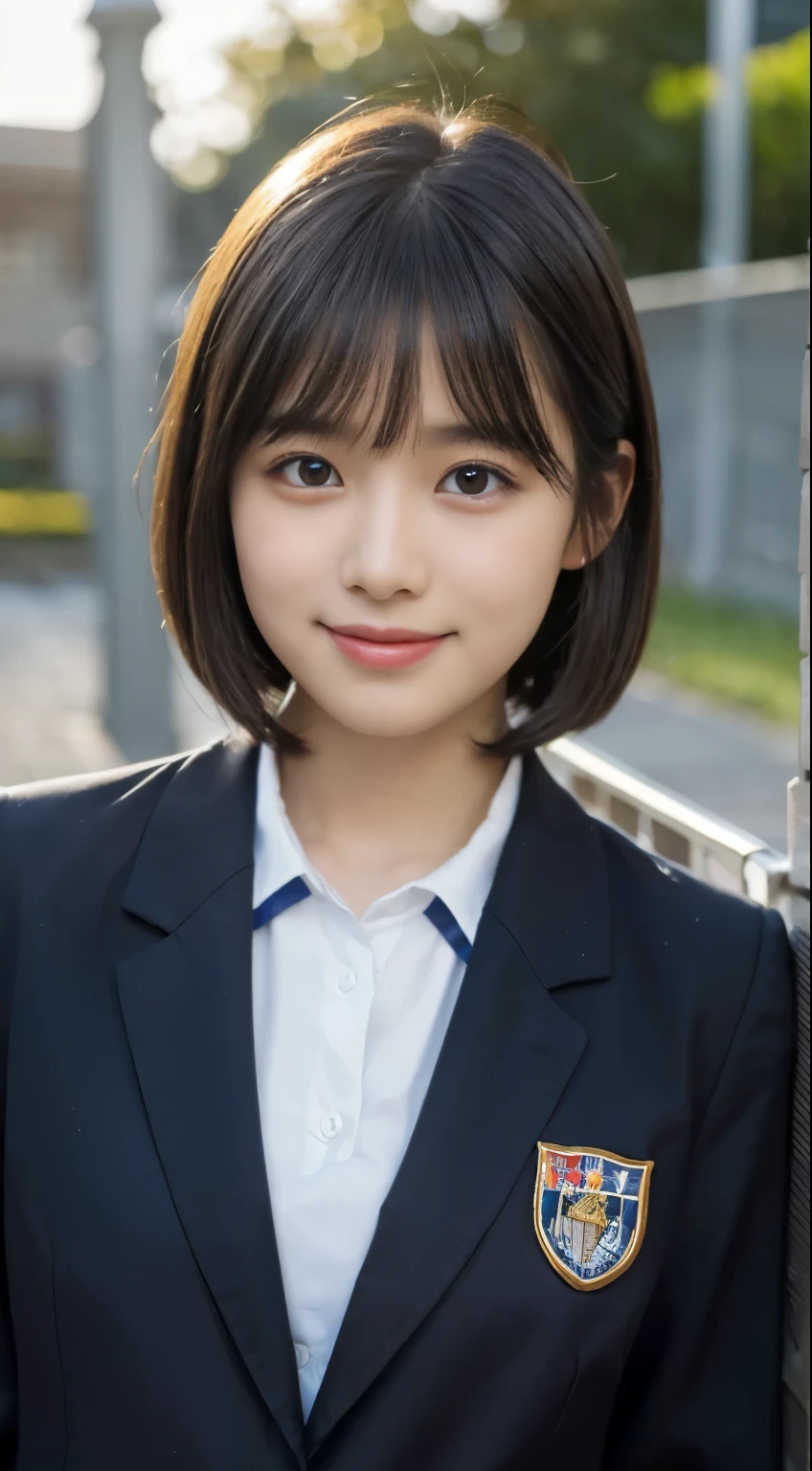 (highest quality,8K quality,masterpiece:1.3),(超A high resolution,Photoreal:1.4,Raw photo),(super detailed,caustics,detailed background),(ultra-realistic capture,Fine and beautiful skin,perfect anatomy),at dusk,sunset sky,school building,schoolyard,18-year-old,cute,single eyelid,black short bob,school blazer uniform,looking at camera,laughter,bust up shot,natural soft light