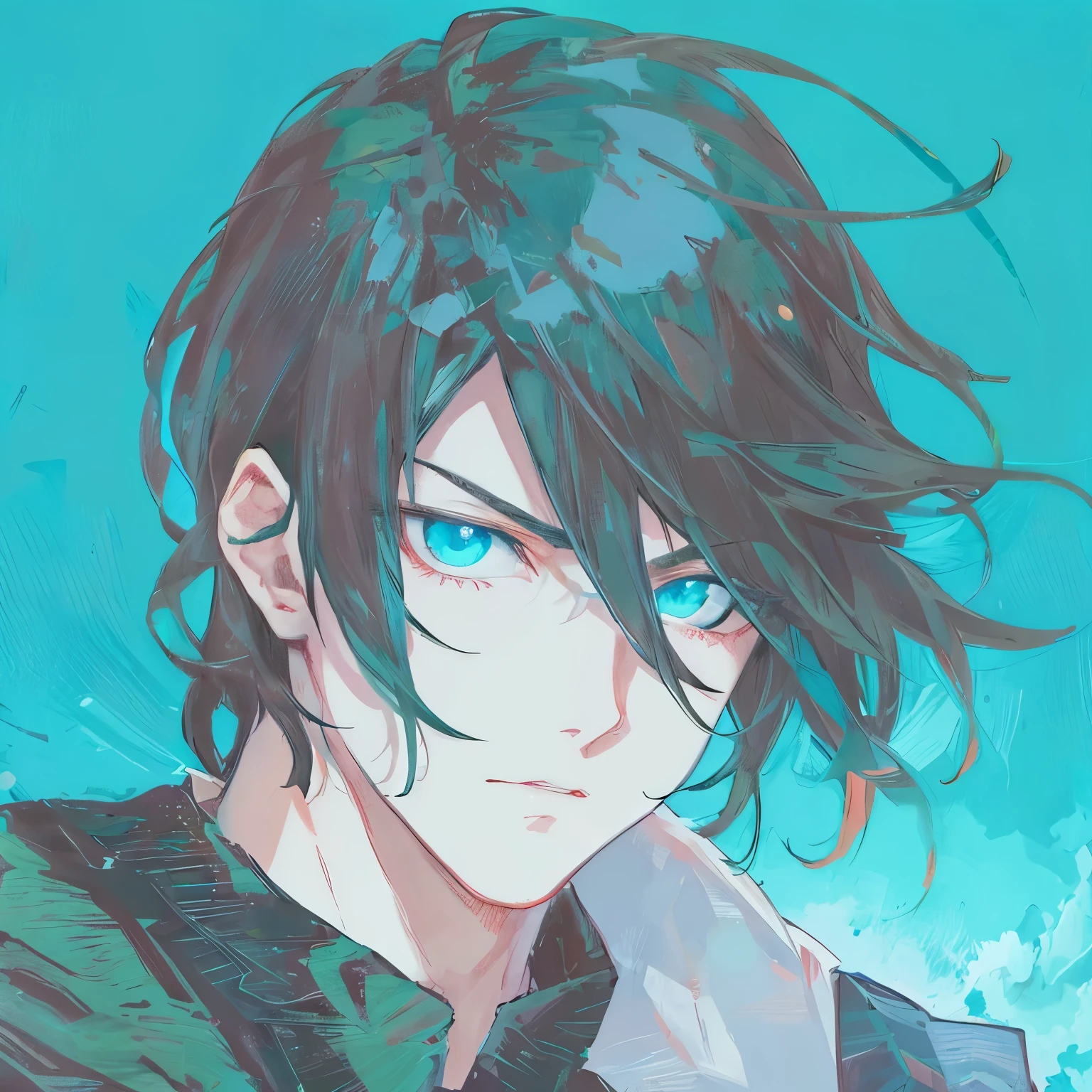 Spectral boy man, with dark aura, black clothing and turquoise blue eyes, long stylized black hair, confused and serious look, attractive. (Anime art) (Manga art) (Manhwa art)