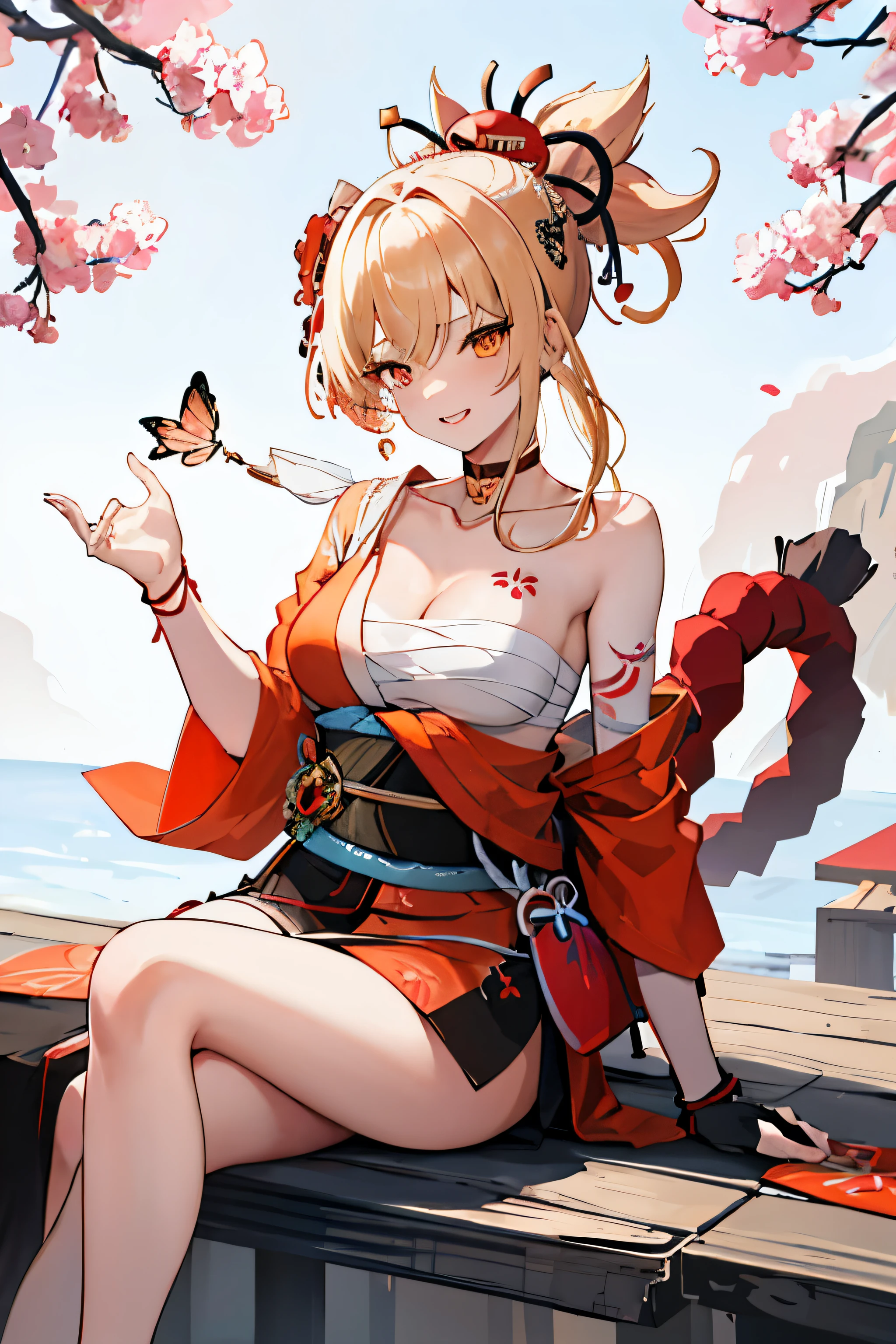 masterpiece, that'wonderful, High resolution, 1 female, blonde hair, medium hair, asymmetrical hair, floating hair, blindfold, high ponytail, side lock, hair ornaments, fish hair ornaments, tassel, hairpin, bangs, orange eyes, open your mouth, smile, teeth , upper teeth only, choker, red choker, pendant choker, butterfly choker, clavicle, tattoo, chest tattoo, flower tattoo, cleavage, Medium chest, thighs, bandage, bandageを巻いた足, industry, budget sarashi, Sarashi of the chest, Black belt, Hadanugidosa, Hokisei, kimono, kimono, wallet, heart, heartage, heartjime, orange kimono, wallet, 柄kimono, rope, heart, shimenawa, 短いkimono, bare shoulders, Genshin, east asian architecture, cherry blossoms, single glove, single fingerless gloves, Wristband, sitting, crossed legs,