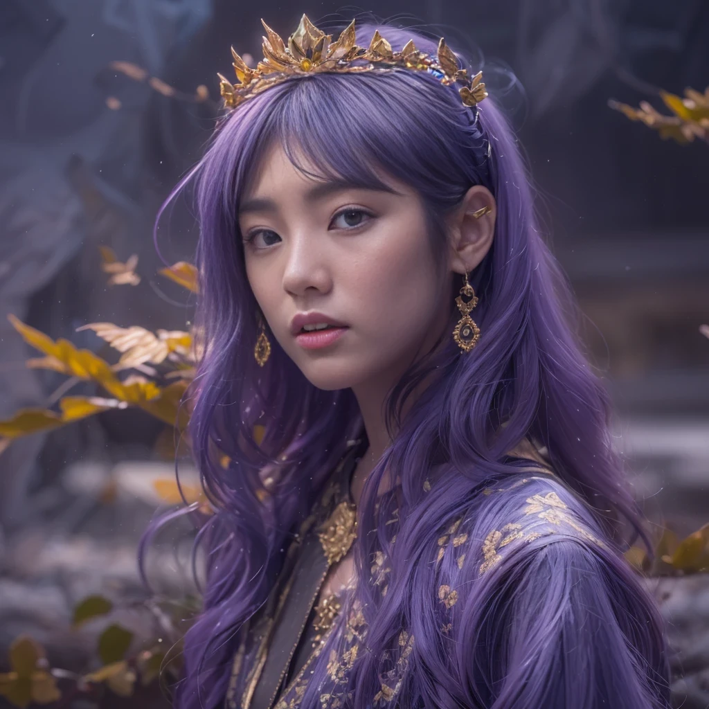 32k(masterpiece,HD,Ultra high quality,32k)Bright purple long flowing hair,autumn pond,Ziddink, a color, Asian (Silly girl), (silk scarf), fighting stance, looking at the ground, long white hair, Floating bright purple, Fire cloud gold headdress, Chinese long-sleeved gold silk garment, (Abstract ink splash:1.2), Black smoke background,Lotus protector(realistically:1.4),bright purple hair,Smoke on the road,The background is very pure, high resolution, detail, RAW photos, Sharp Re, Nikon D850 film photo by Jefferies Lee 4 Kodak Portra 400 camera F1.6 guns, colorful, Ultra-realistic and vivid textures, dramatic lighting, Unreal Engine Art Station Trend, Sinest 800,Bright purple long flowing hair