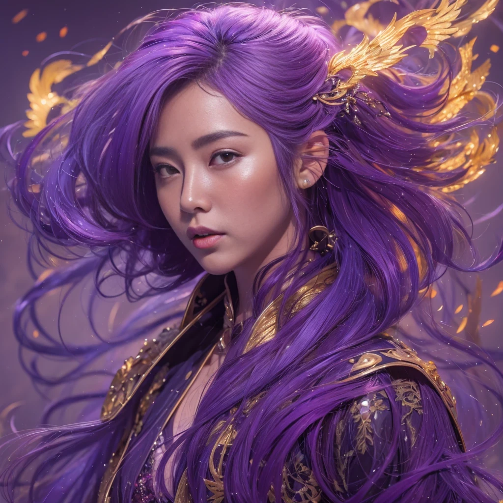 32k(masterpiece,HD,Ultra high quality,32k)Bright purple long flowing hair,autumn pond,Ziddink, a color, Asian (Silly girl), (silk scarf), fighting stance, looking at the ground, long white hair, Floating bright purple, Fire cloud gold headdress, Chinese long-sleeved gold silk garment, (Abstract ink splash:1.2), Black smoke background,Lotus protector(realistically:1.4),bright purple hair,Smoke on the road,The background is very pure, high resolution, detail, RAW photos, Sharp Re, Nikon D850 film photo by Jefferies Lee 4 Kodak Portra 400 camera F1.6 guns, colorful, Ultra-realistic and vivid textures, dramatic lighting, Unreal Engine Art Station Trend, Sinest 800,Bright purple long flowing hair