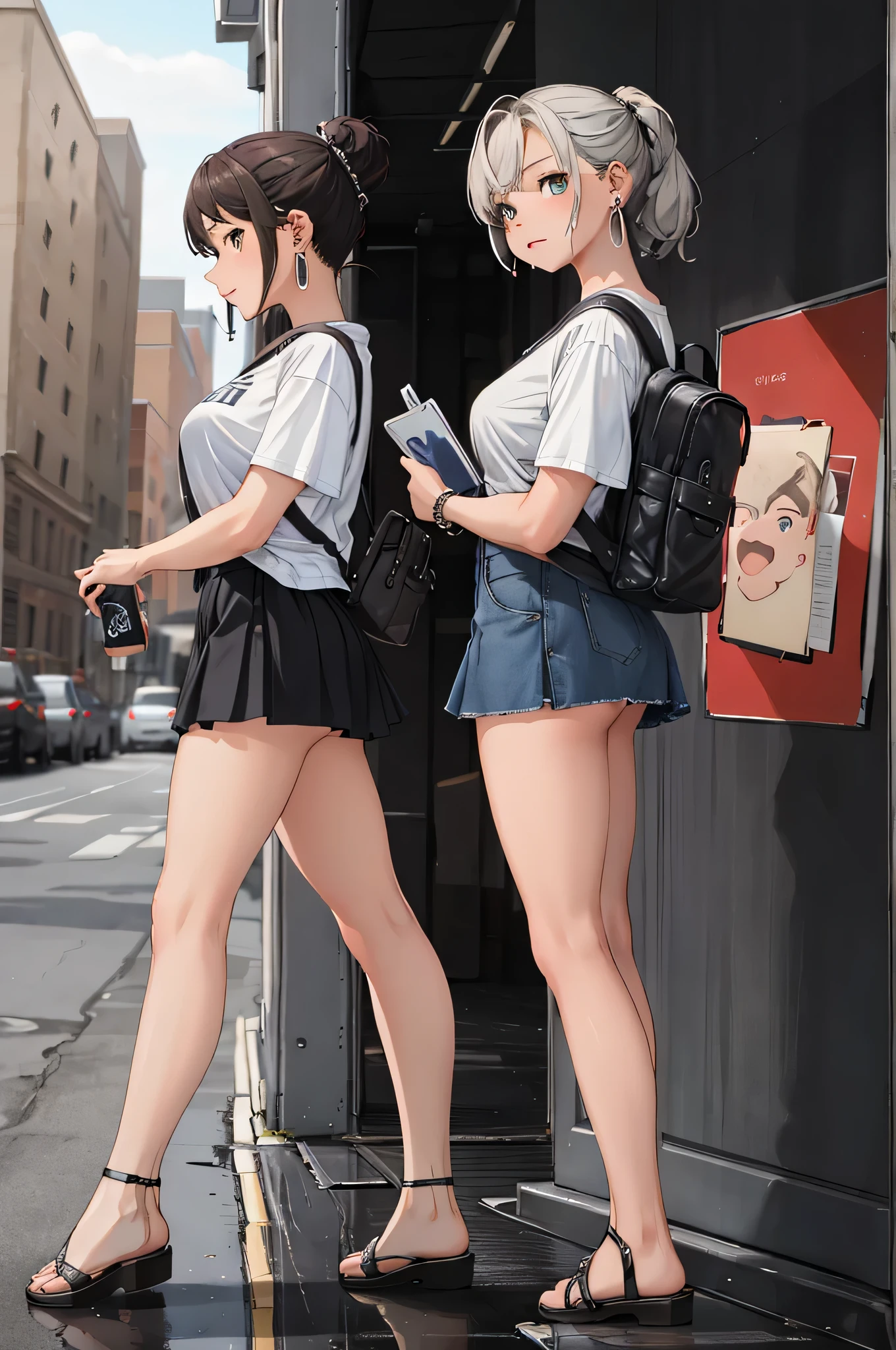 masterpiece, best quality,3girl,young girl, taupe eyes, gray, prom hairstyle,upset _face,shiny skin,medium breasts,nice leg line:1.3,thick thighs, thin waist,, Denim_mini_skirt, graphic_t-shirt, black_sandals, silver_hoop_earrings, black_leather_backpack, cityscape,looking at viewer,from side,dutch angle