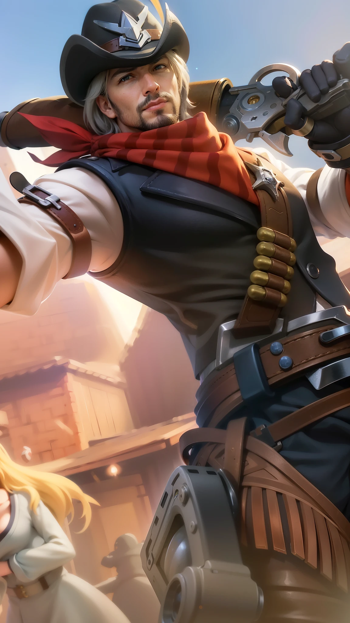 masculine male, masterpiece, ((perfect eyes)) best quality, (semirealism:1.9), beautiful lighting, (extremely detailed CG unity 4k fhd wallpaper), High Detail, Sharp focus, dramatic outdoors, there is a man with a gun and a woman with a gun, ashe, jesse mccree, mobile wallpaper, phone background, phone wallpaper, riot background, official splash art, zenra taliyah, more details, background image, brigitte, taliyah, splash art, background artwork, range murata and artgerm, mccree from overwatch.