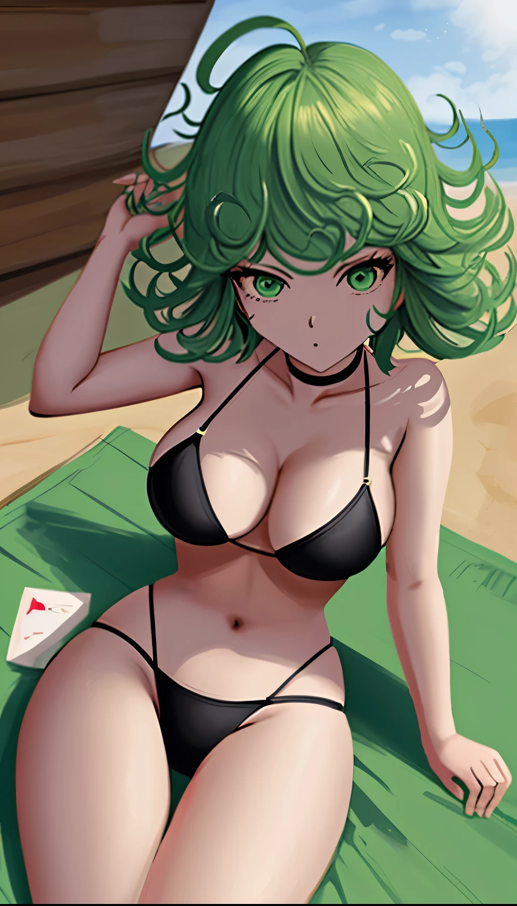 Chica de anime acostada en una cama con una botella de cerveza, Tatsumaki de One Punch Man, Tatsumaki, Tatsumaki con cabello verde rizado, en una playa, Fanart de alta calidad, en la playa, Tendencias en ArtStation Pixiv, Guweiz y Pixiv Artstation, Fanart exquisito altamente detallado, Artgerm extremadamente detallado, ArteZerochan,bikini ajustado,sentado,piernas cruzadas.