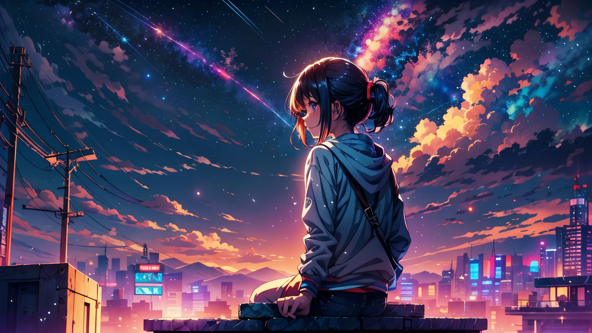 Anime girl standing on the rooftop and looking at the night sky with stars and rainbow, rainbow starry night, anime wallpaper 4k, anime wallpaper 4 k, 4k anime wallpaper, anime art wallpaper 8k, anime art wallpaper 4k, anime art wallpaper 4k, anime style 4k, makoto shinkai cyril rolando, 4k manga wallpaper, anime wallpaper, awesome wallpaper, shooting star