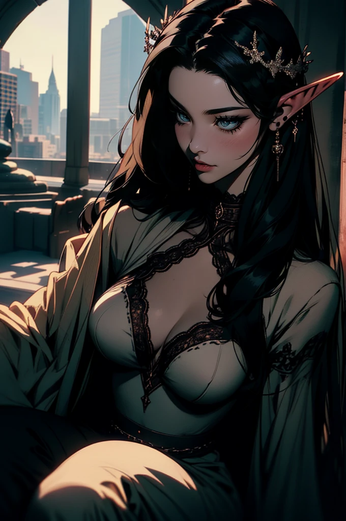{ - anatomy error}(Masterpiece - Ultra-detailed, very high resolution) moonlight, hyper-realistic of a mysterious woman with flowing black hair, ears of elf, piercing opal eyes, and a delicate lace crown, delicate smile, whole body, sitting on the ground