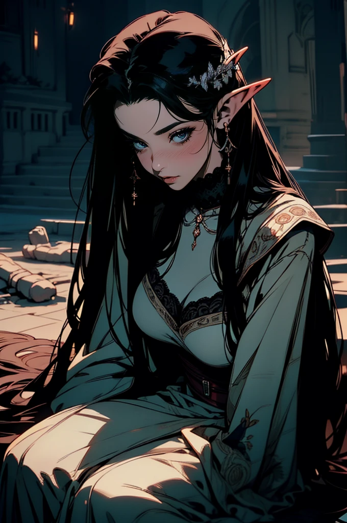 { - anatomy error}(Masterpiece - Ultra-detailed, very high resolution) moonlight, hyper-realistic of a mysterious woman with flowing black hair, ears of elf, piercing opal eyes, and a delicate lace crown, delicate smile, whole body, sitting on the ground
