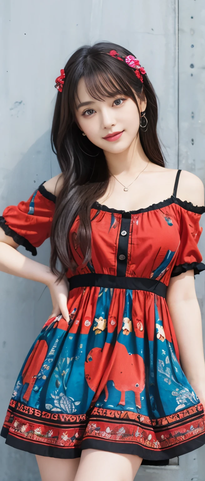 fairy tale idol、whole body、good style、、、hand print mini dress、colorful hair、、red handprint