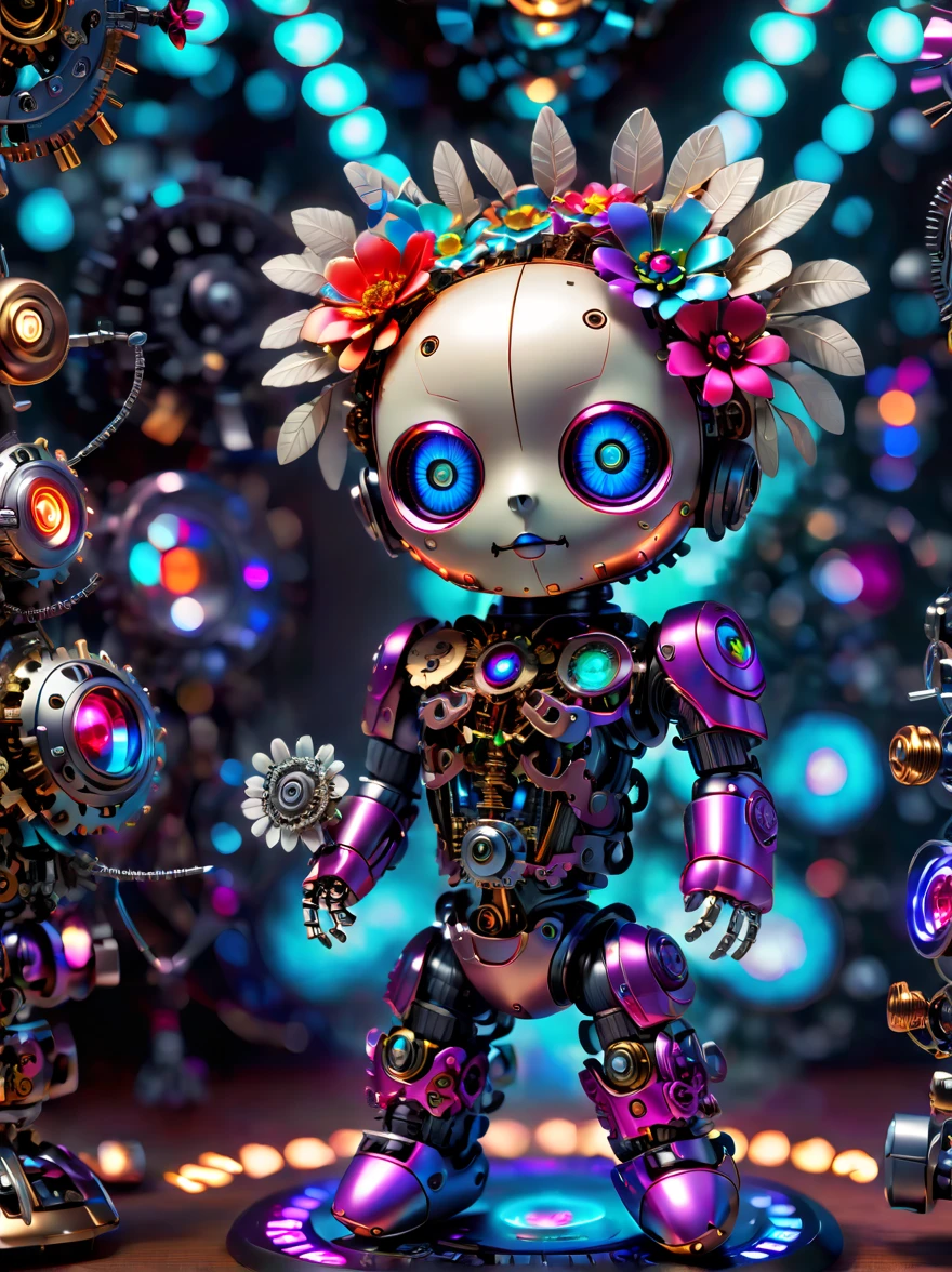  (three-dimensional，Mechanical feel，cute，boy，Mechanical doll, Pinocchio: 1.3), Colorful neon lights, High-tech mechanical parts, Metal body, Detailed vibranium flower design, bright colors, Dynamic glowing flowers, Reflective metal surface, bright environment, dynamic poses, Exquisite presence, skill improved, interlocking mechanical gears, Stylish design, motion blur effect, Detailed metal processing, Sci-fi atmosphere, Streamlined aerodynamic shape, Laser scanning pattern, Holographic projection, LED light track, beautiful and unforgettable, Advanced sensors, complex algorithm, Ominous and mysterious atmosphere, electric spark, Shiny chrome plating, Propulsion systems of the future, BJ_Gundam, (best quality, 8k, high resolution, masterpiece: 1.2), Super detailed, (whole body:1.8)