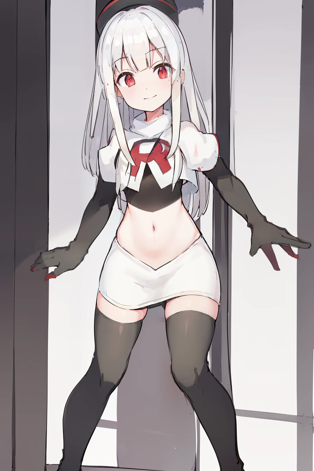 komori,masterpiece,best quality,white hair, red eyes,(black formal hat),(hairclip),(small mole under mouth),smile,highres,4k,team rocket,team rocket uniform,white skirt,red letter R,crop top,black thigh-highs,black elbow gloves