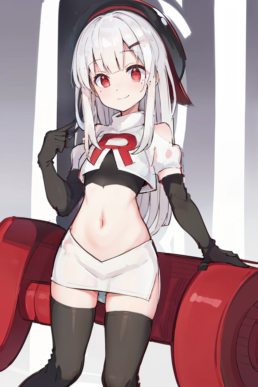 komori,masterpiece,best quality,white hair, red eyes,(black formal hat),(hairclip),(small mole under mouth),smile,highres,4k,team rocket,team rocket uniform,white skirt,red letter R,crop top,black thigh-highs,black elbow gloves